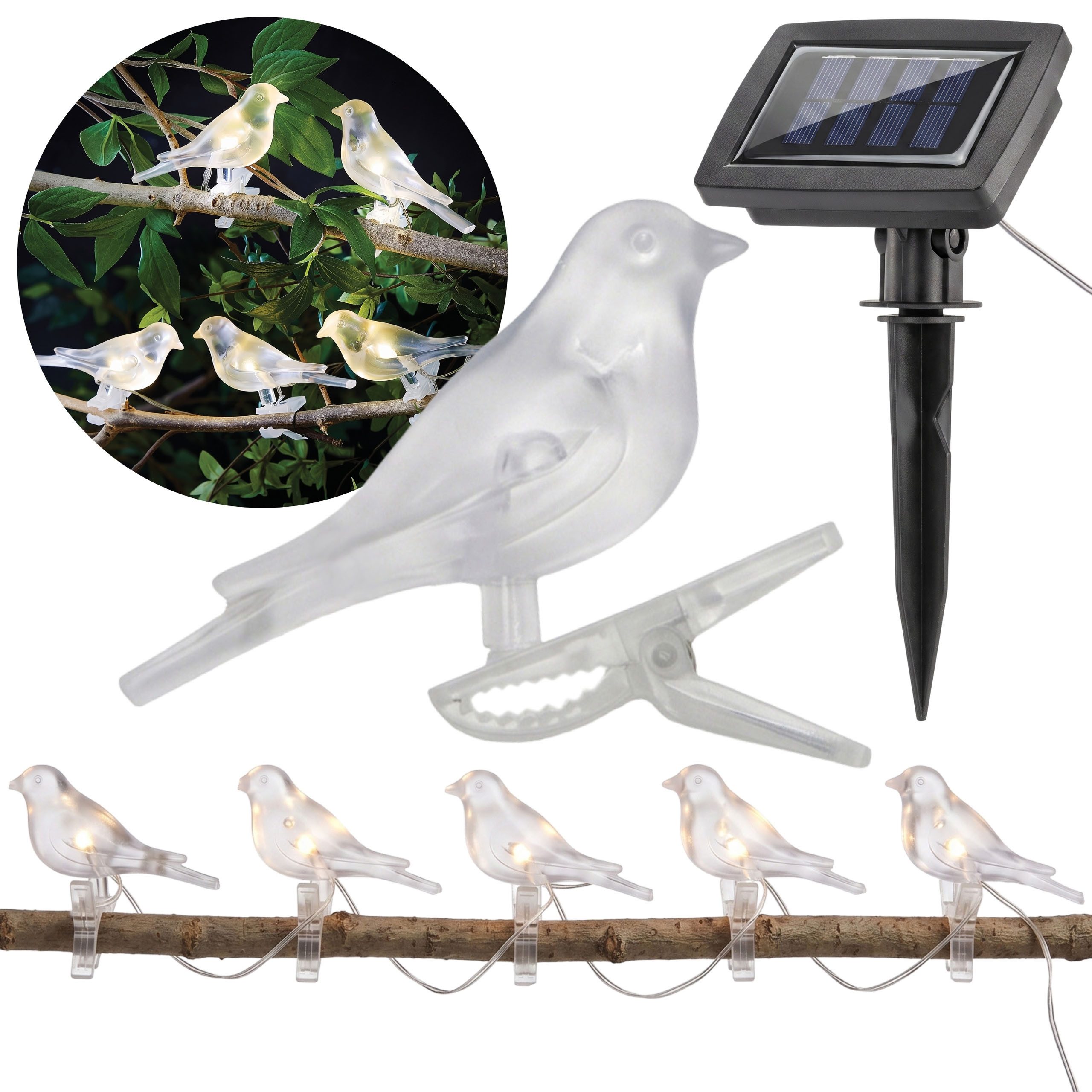 Sarcia.eu LED Laterne Solar-Lichterkette mit 5 LEDs, zum Garten, Vögelchen, warmweißes 3,2m