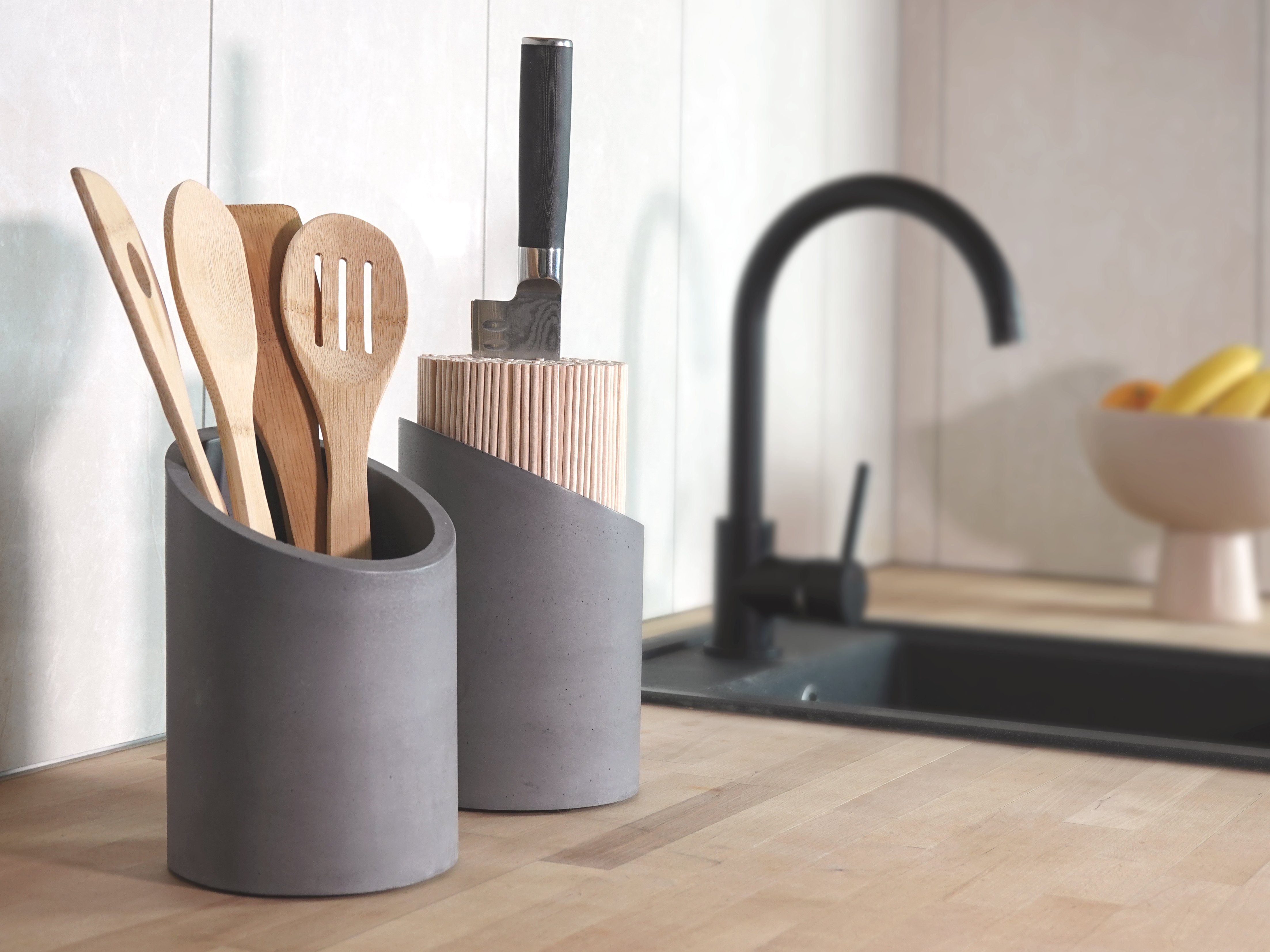 GRAURAUM Messerblock Set inkl. Kochlöffelhalter (2tlg), Rund, 21cm, unbestückt