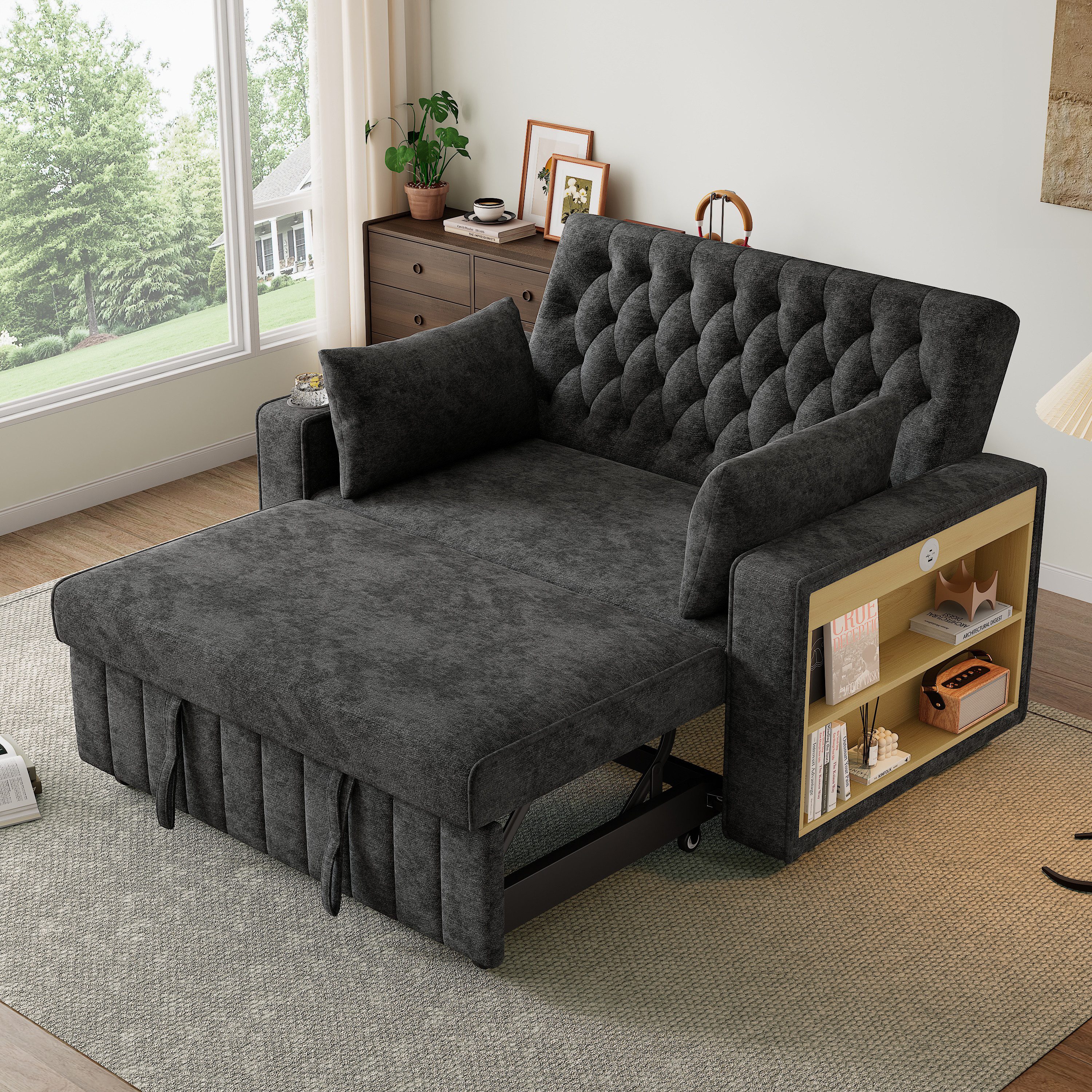 Odikalo Schlafsofa Schlafcouch mit Schlaffunktion, Zweisitzer mit USB & Kissen, modernes Klappsofa mit Stauraum und Schlaffunktion, Getränkehalter, USB-Ladeanschluss und Kissen, platzsparende Couch für Wohnzimmer, Schlafzimmer und Gästezimmer, Beige / Grau