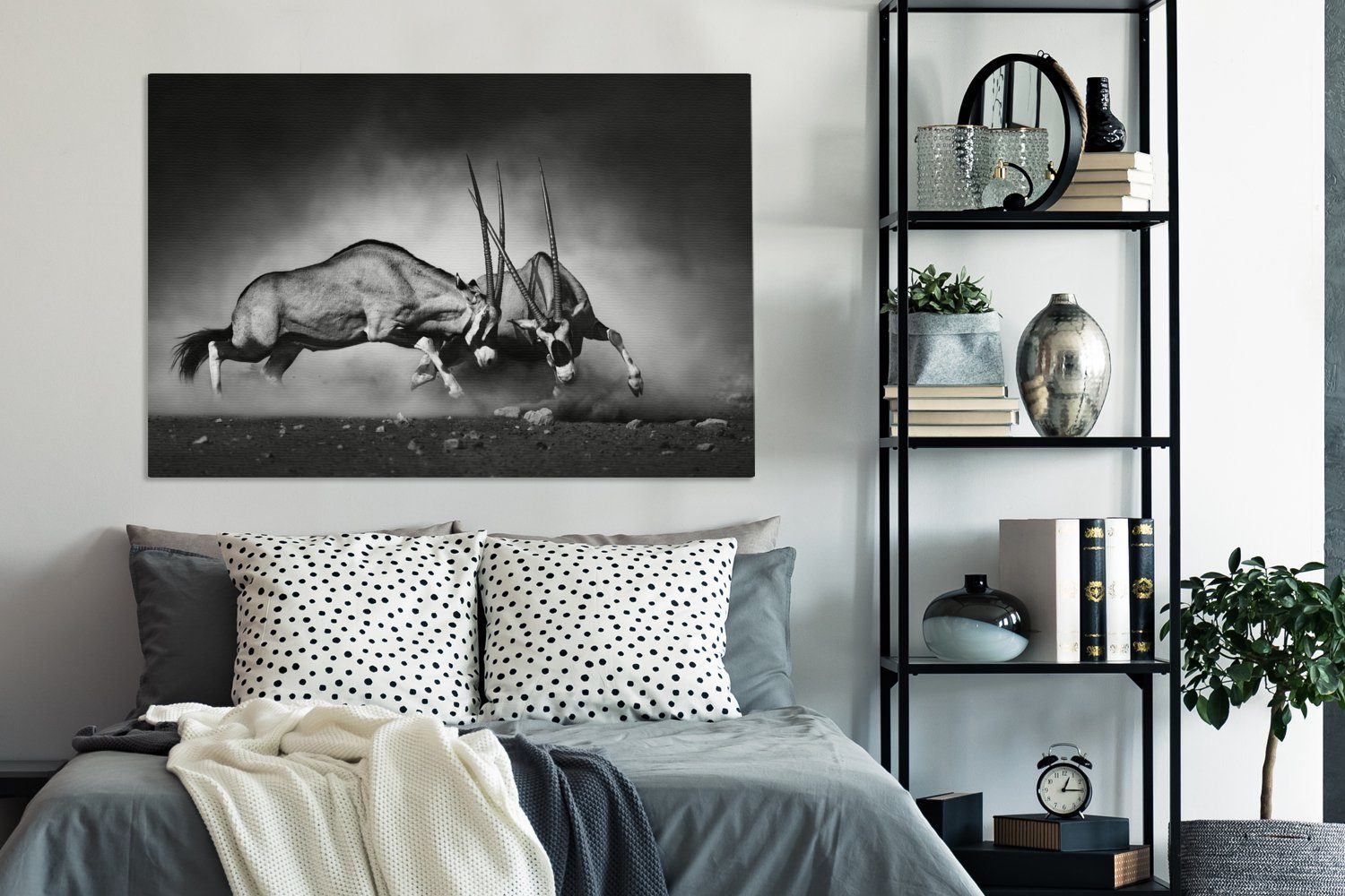 (1 Gemälde, Wildtiere großes, OneMillionCanvasses® - - St), und - für Antilope Porträt 120x80 Schwarz Tiere, Wandbild XXL, alle weiß cm - Leinwandbild Wohnbereiche,