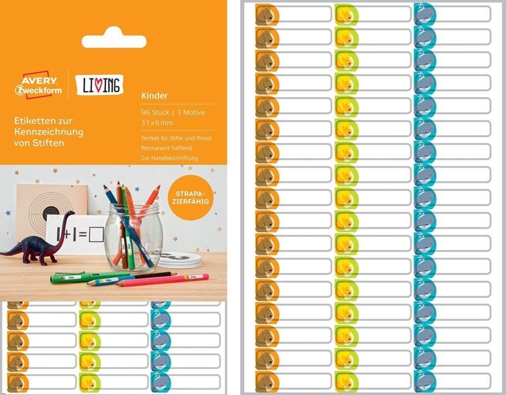 Avery Zweckform Etikettenpapier 96 Bunte Kinder Stift-Etiketten Namens-Aufkleber Sticker Namens-Etiketten Schule | Papier