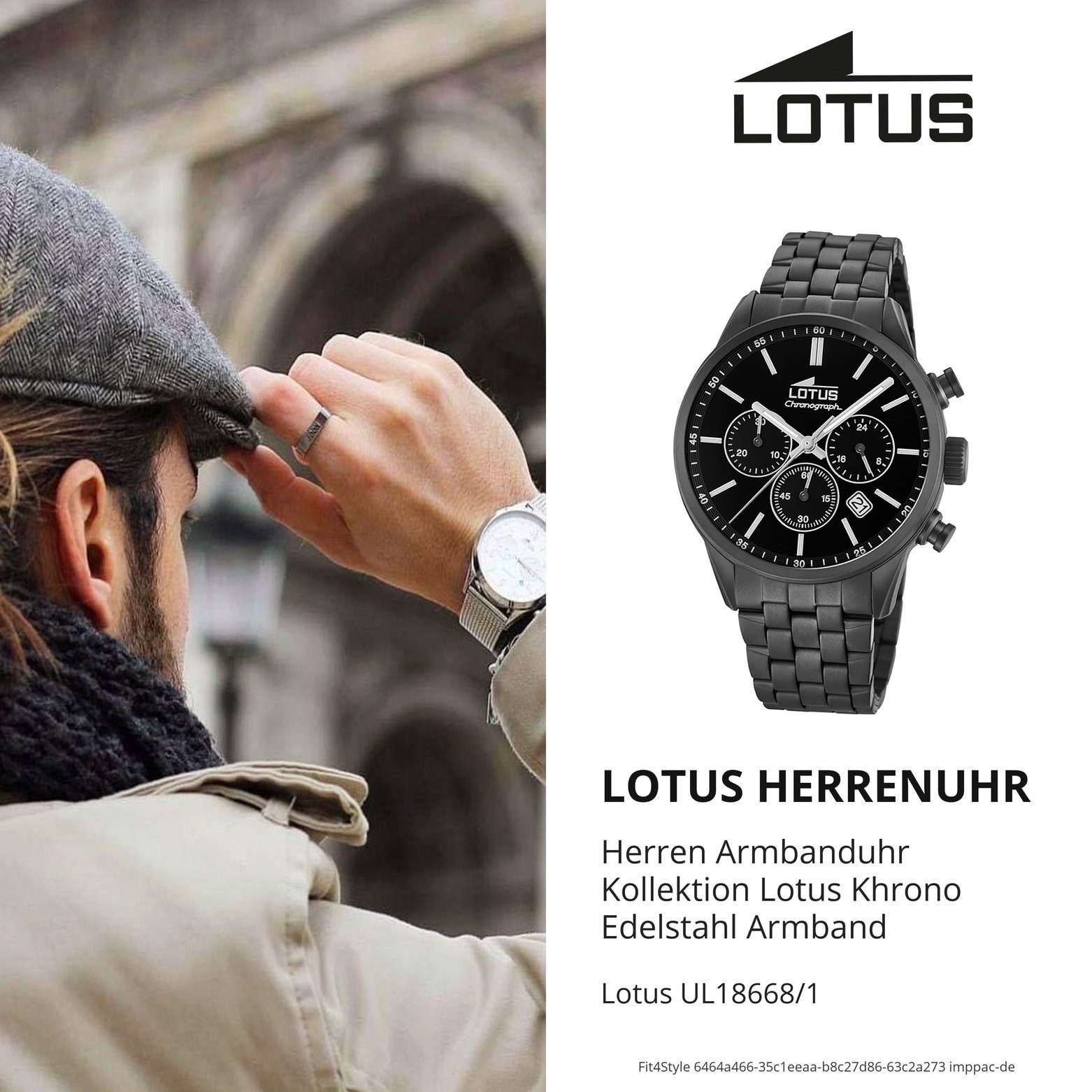 Herren Armbanduhr Herren Uhr Sport (ca. Edelstahl, groß LOTUS 42mm), Edelstahlarmband rund, 18668/1 Quarzuhr schwarz Lotus