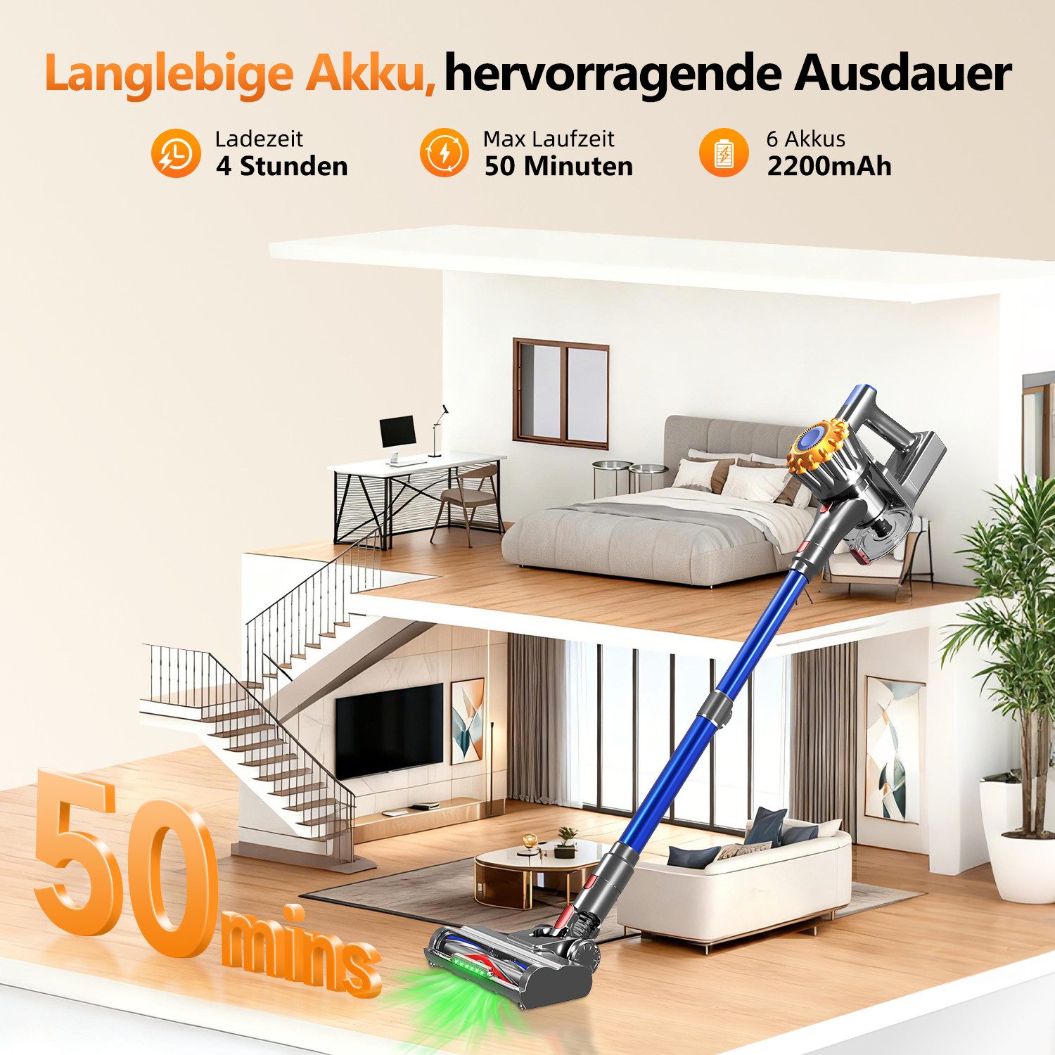 Adormii Akku-Hand-und Stielstaubsauger Akku Staubsauger,Staubsauger Kabellos 50kPa/50Min,GreenEye-Technologie, beutellos, Selbststehendes Design,Staubsauger für Tierhaare,Teppich und Hartboden