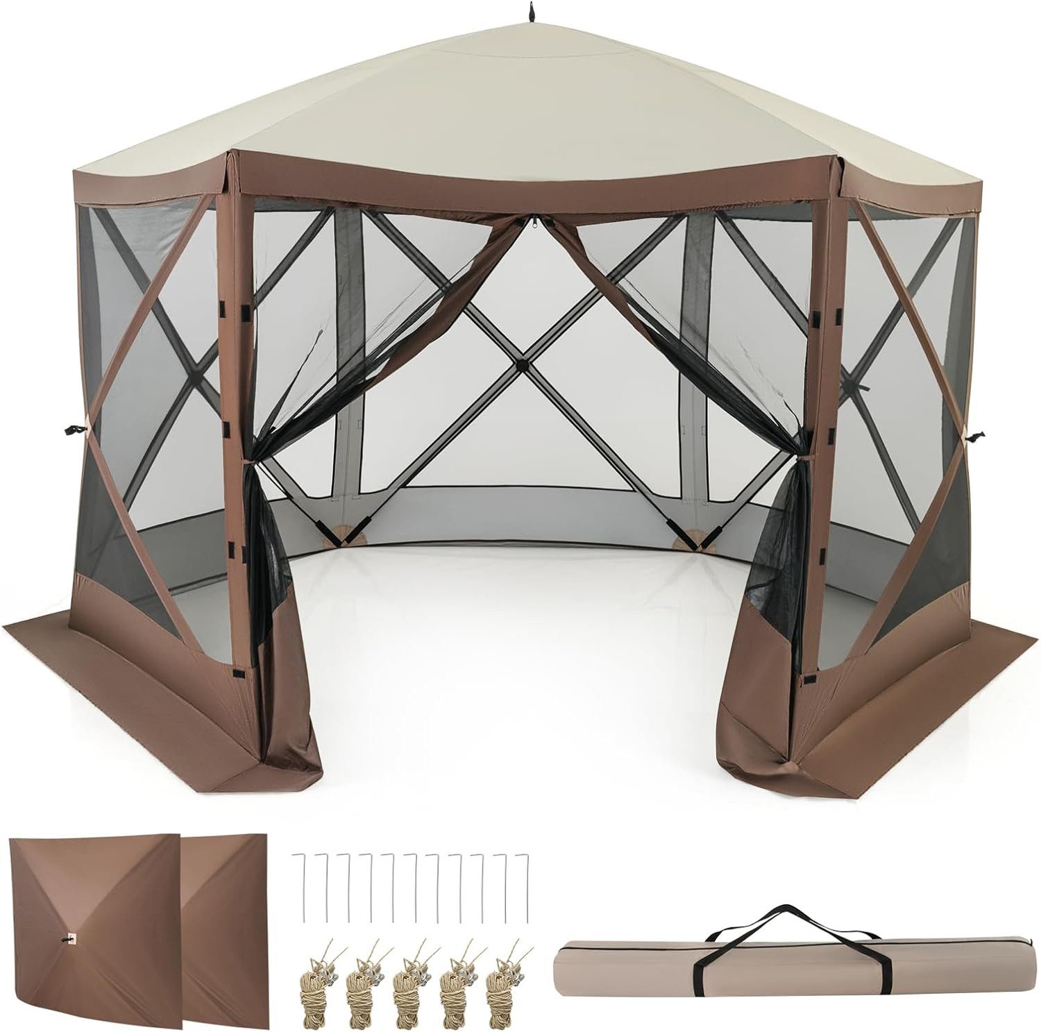 KOMFOTTEU Pavillon Gartenpavillon, mit 6 Seiten, 2 abnehmbaren Seitenteilen & Tragetasche