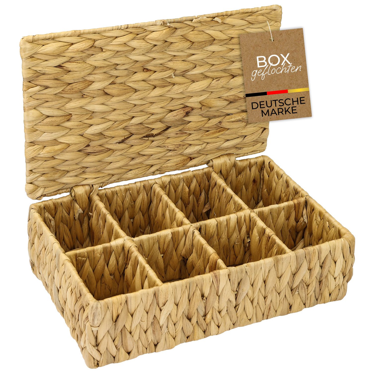 HMF Teebox Teebox aus Wasserhyazinthe mit 8 Fächern, Aufbewahrung von Teebeuteln, Wasserhyazinthe, Aufbewahrungskorb als Organizer für Küche Bad Wohnbereich 33x21x10 cm