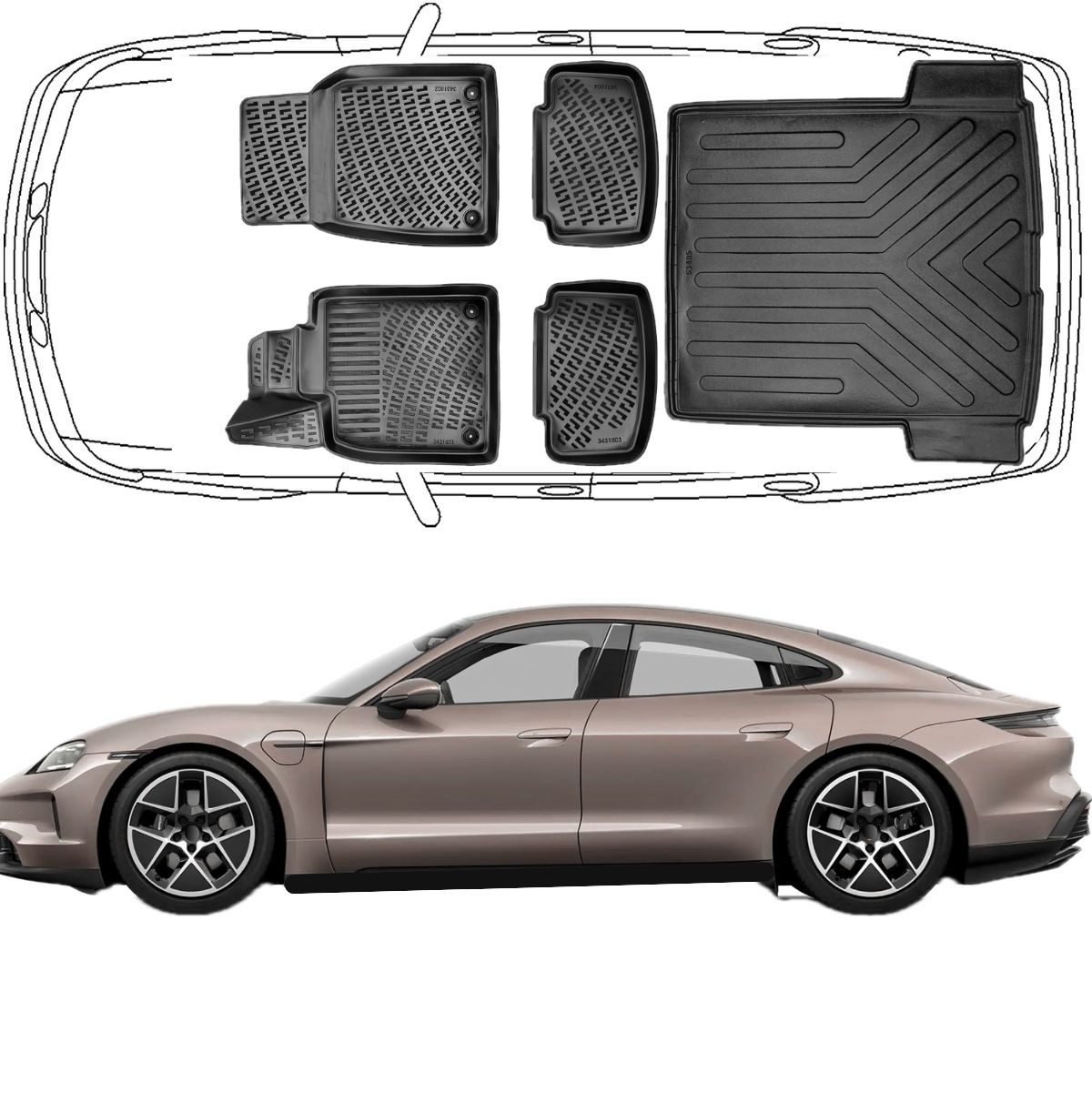 Trimak Passform-Fußmatten Oder Kofferraumwanne Oder Set für Porsche Taycan, Porsche Taycan 1.Gen. 2019-2024 Gummimatten Auto & Kofferraummatte TPE