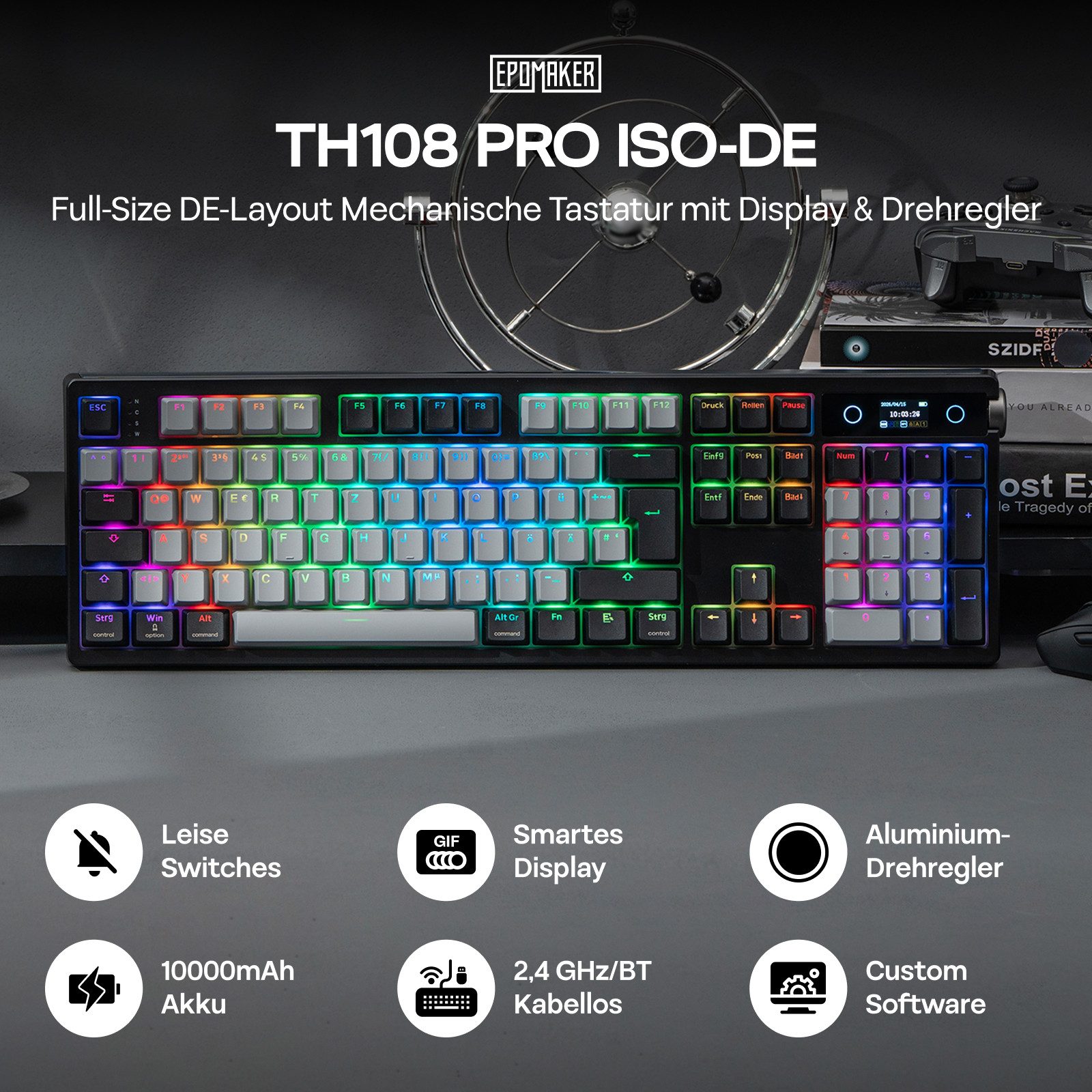 EPOMAKER TH108 PRO Full Size Mechanische Tastatur (mit Bildschirm & Drehknopf, RGB Gaming Tastatur Kabellos)