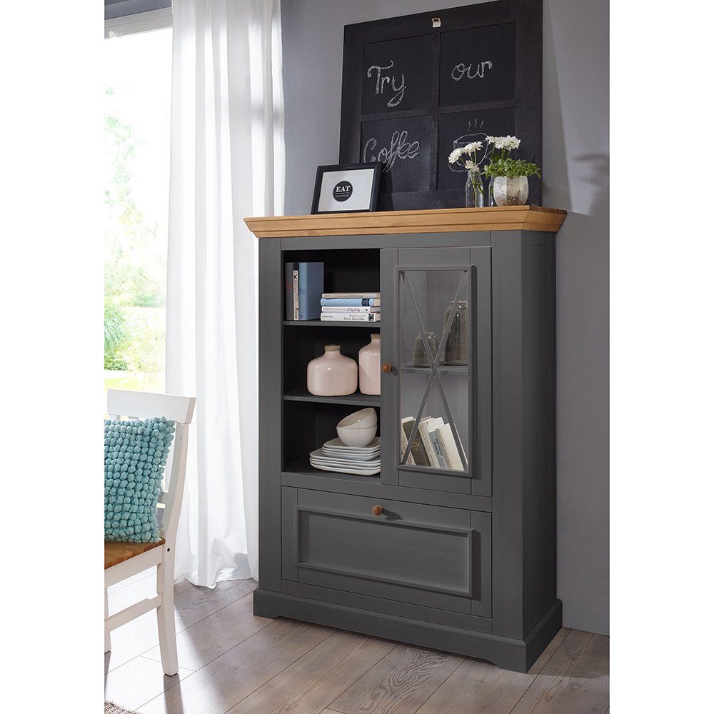 Lomadox Vitrine WARNA-69 Landhausstil in Kiefer weiß mit Eiche massiv B/H/T ca. 108/152/42 cm