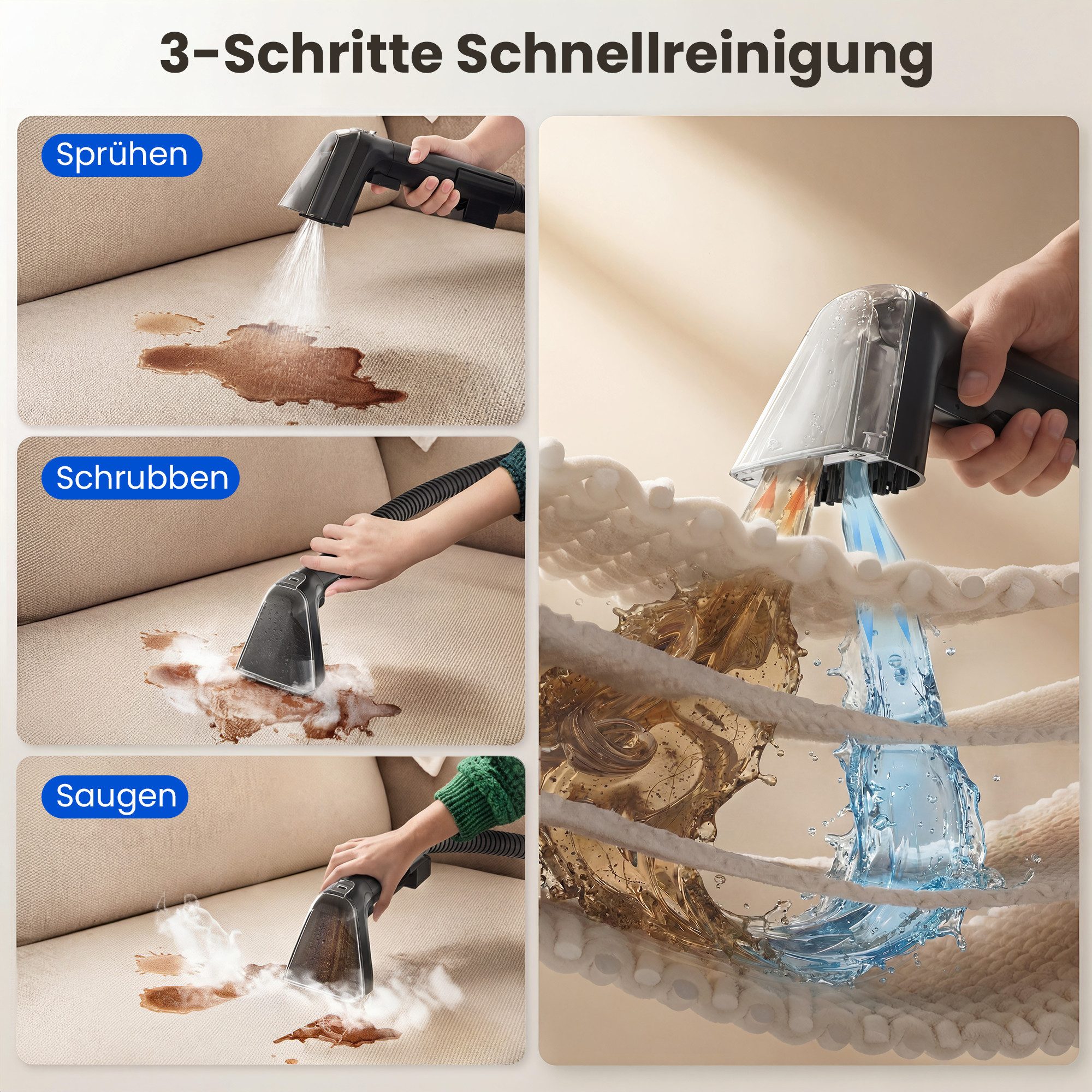 Teendow Wasch-Sauger C7MAX Waschsauger mit Dampf Nasssauger Polsterreiniger Teppichreiniger, 1800 W, Wassertank, Dampf >100°C, 30 Sek. Aufheizung, 18 kPa, 1,6L+1,5L Tanks