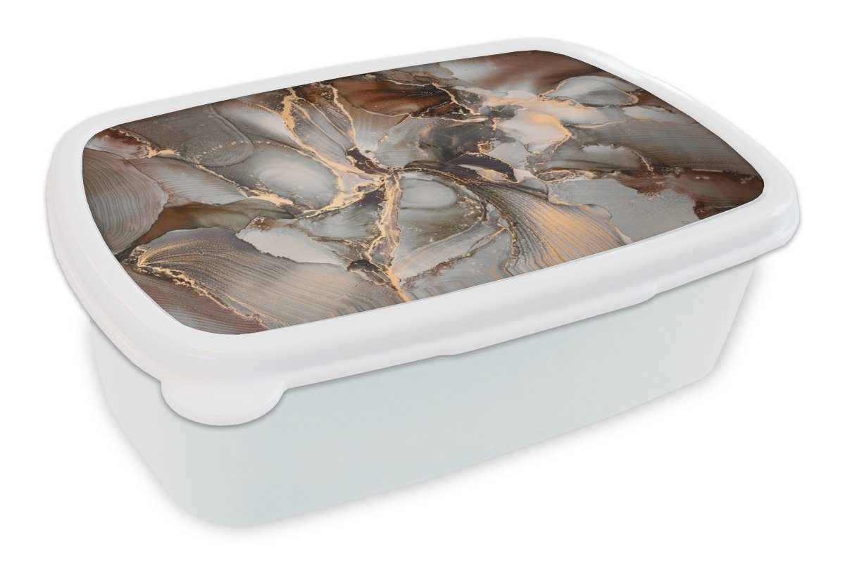 Brotbox MuchoWow - Marmor (2-tlg), Marmoroptik, für weiß Erwachsene, Gold Mädchen und und - Kinder Grau Lunchbox - Jungs Brotdose, Kunststoff, für