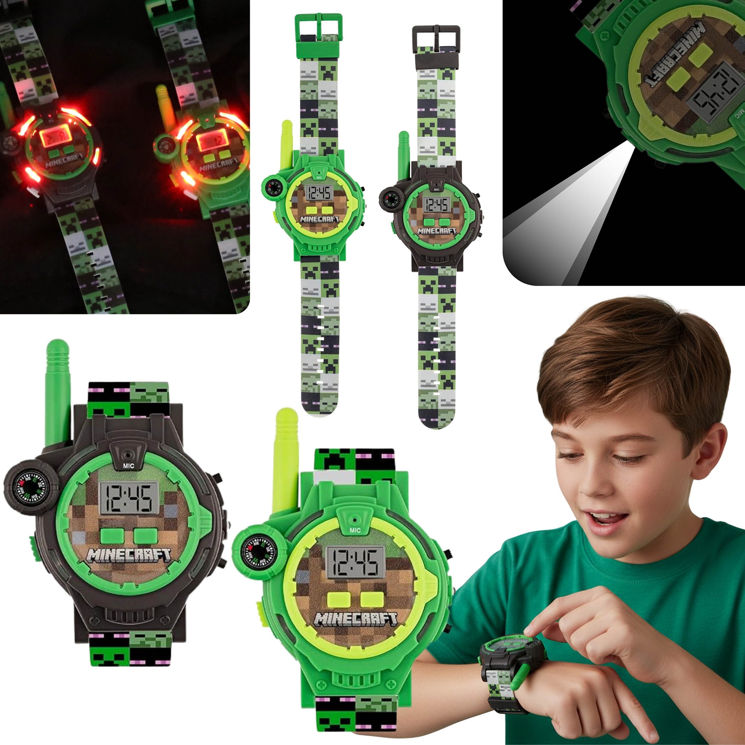 Sarcia.eu Digitaluhr Minecraft Creeper Uhrenset für Kinder mit Walkie-Talkie & Kompass