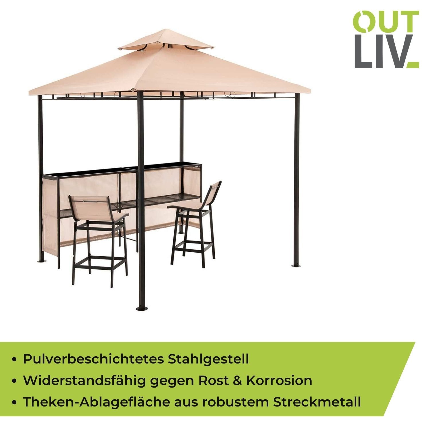 OUTLIV. Pavillon OUTLIV. Gartenpavillon mit Bar & 2 Stühlen Beige, Pulverbeschichteter Rahmen