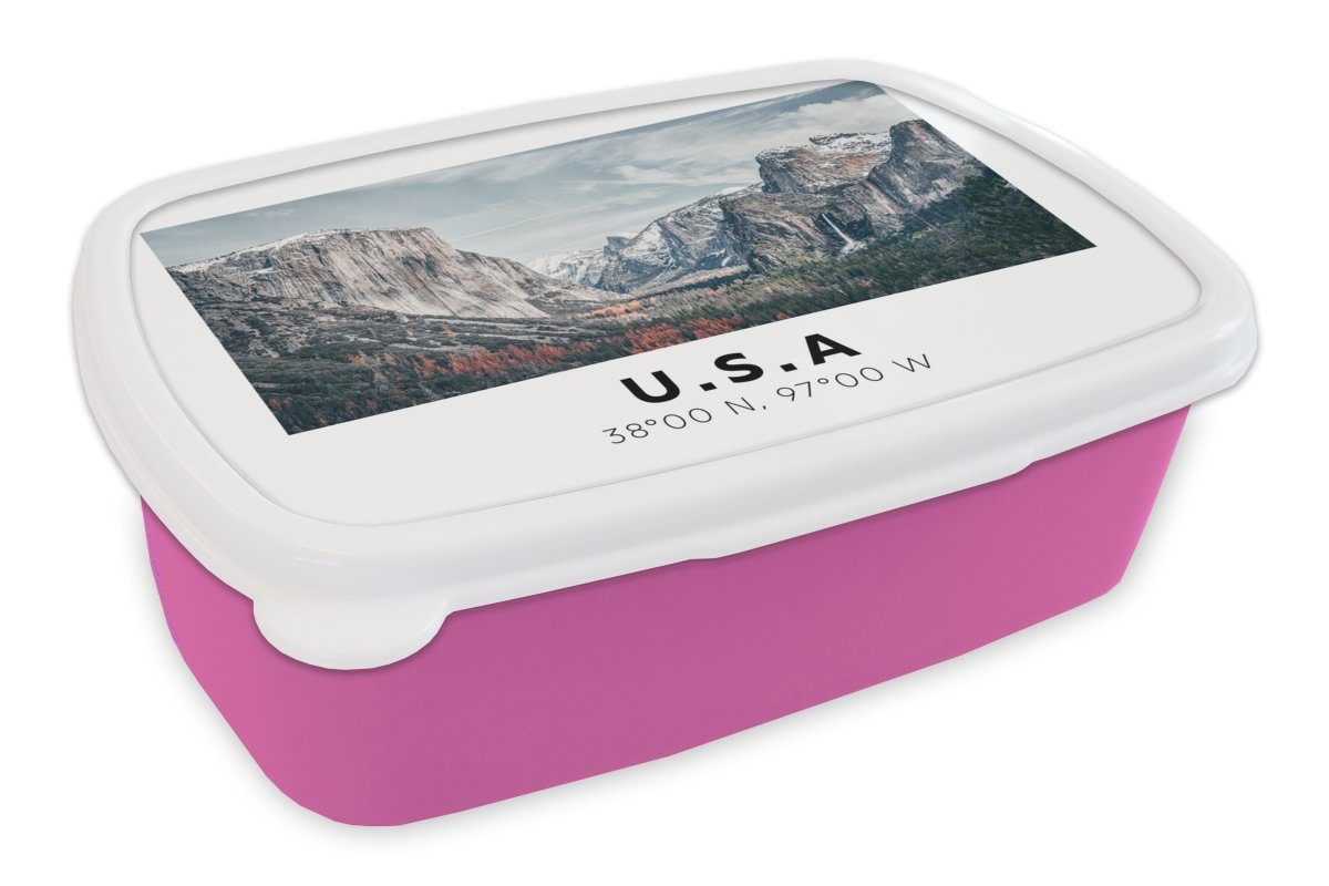 MuchoWow Lunchbox Yosemite - Amerika - Wyoming, Kunststoff, (2-tlg), Brotbox für Erwachsene, Brotdose Kinder, Snackbox, Mädchen, Kunststoff rosa