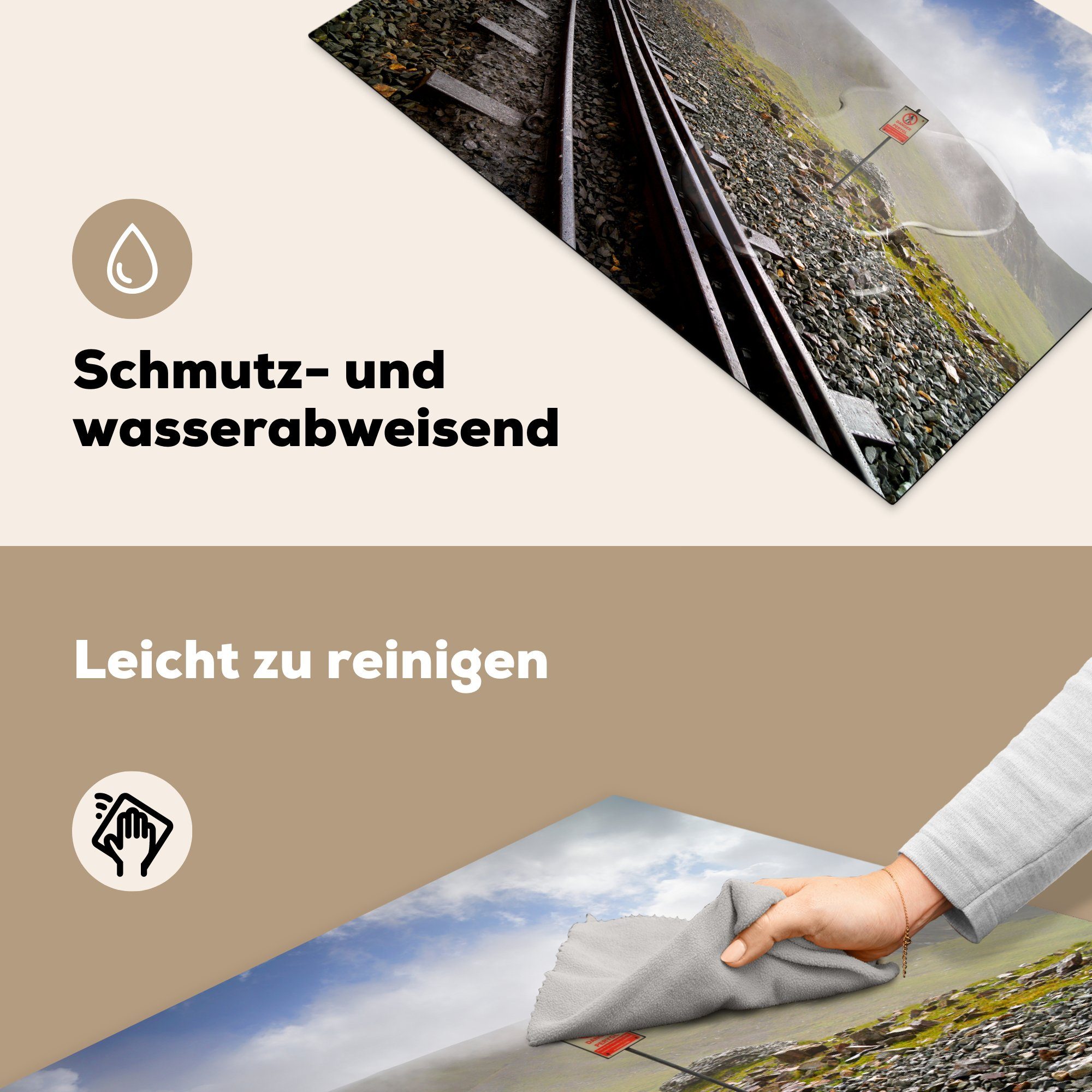 MuchoWow Herdblende-/Abdeckplatte Eine Eisenbahn mit Vinyl, die küche, Blick tlg), Schutz für grüne auf 81x52 Landschaft, Ceranfeldabdeckung Induktionskochfeld (1 cm, die