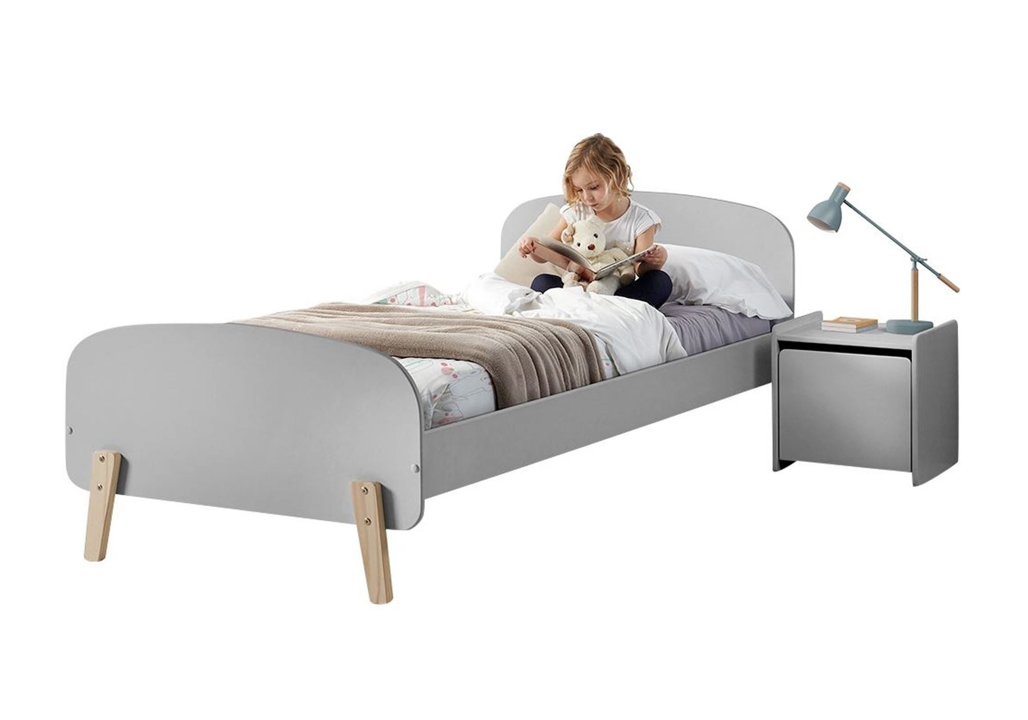 58 aufm Kessel Jugendzimmer-Set Kinderzimmer Set Karilynn 1 Bett mit Nachtkommode Holz+MDF hellgrau, (inkl. Versand, Lieferung bis Verwendungsstelle), rosaLiegefläche 90 x 200, mit Lattenrost und Nachtkommode, Retro-Optik