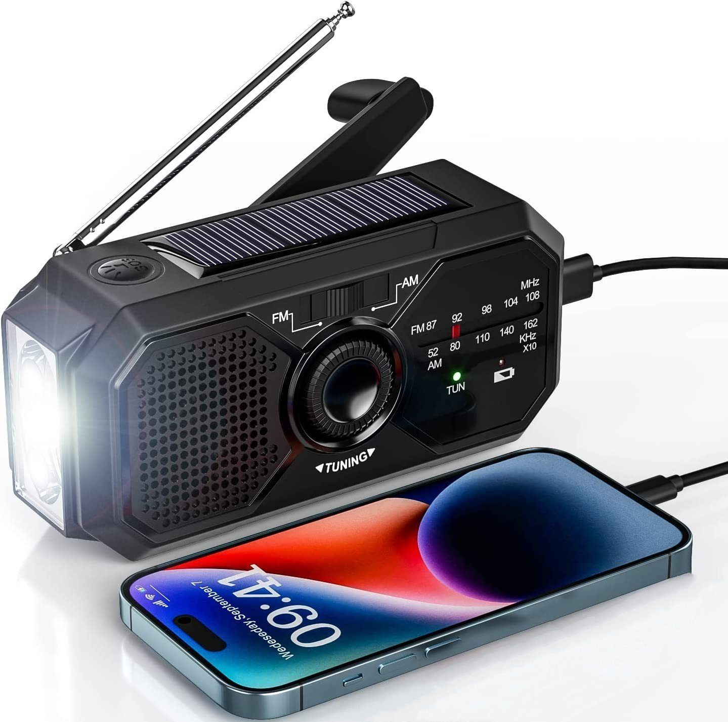 Welikera 1200 mAh Solar Handkurbelradio,Powerbank,mit LED-Taschenlampe,SOS Notfallradio (FM)