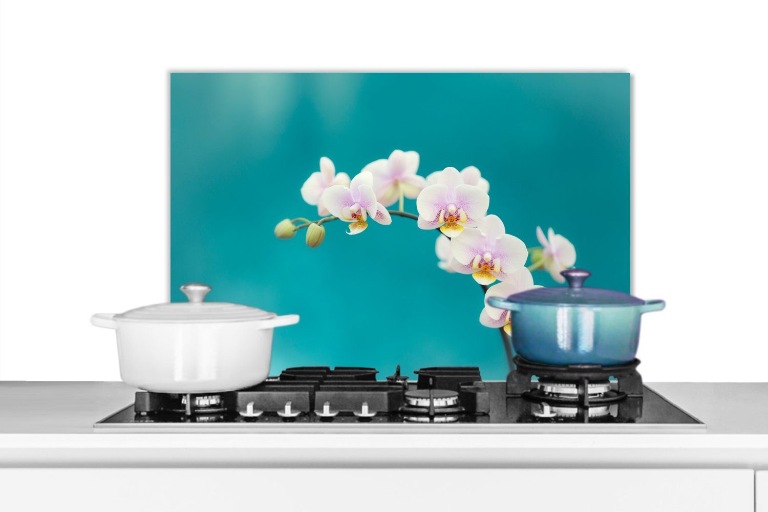 MuchoWow Küchenrückwand Orchidee - Blumen - Pflanze - Weiß - Lila, (1-tlg), 60x40 cm, Herdblende aus Wandschutz, Temperaturbeständig küchen