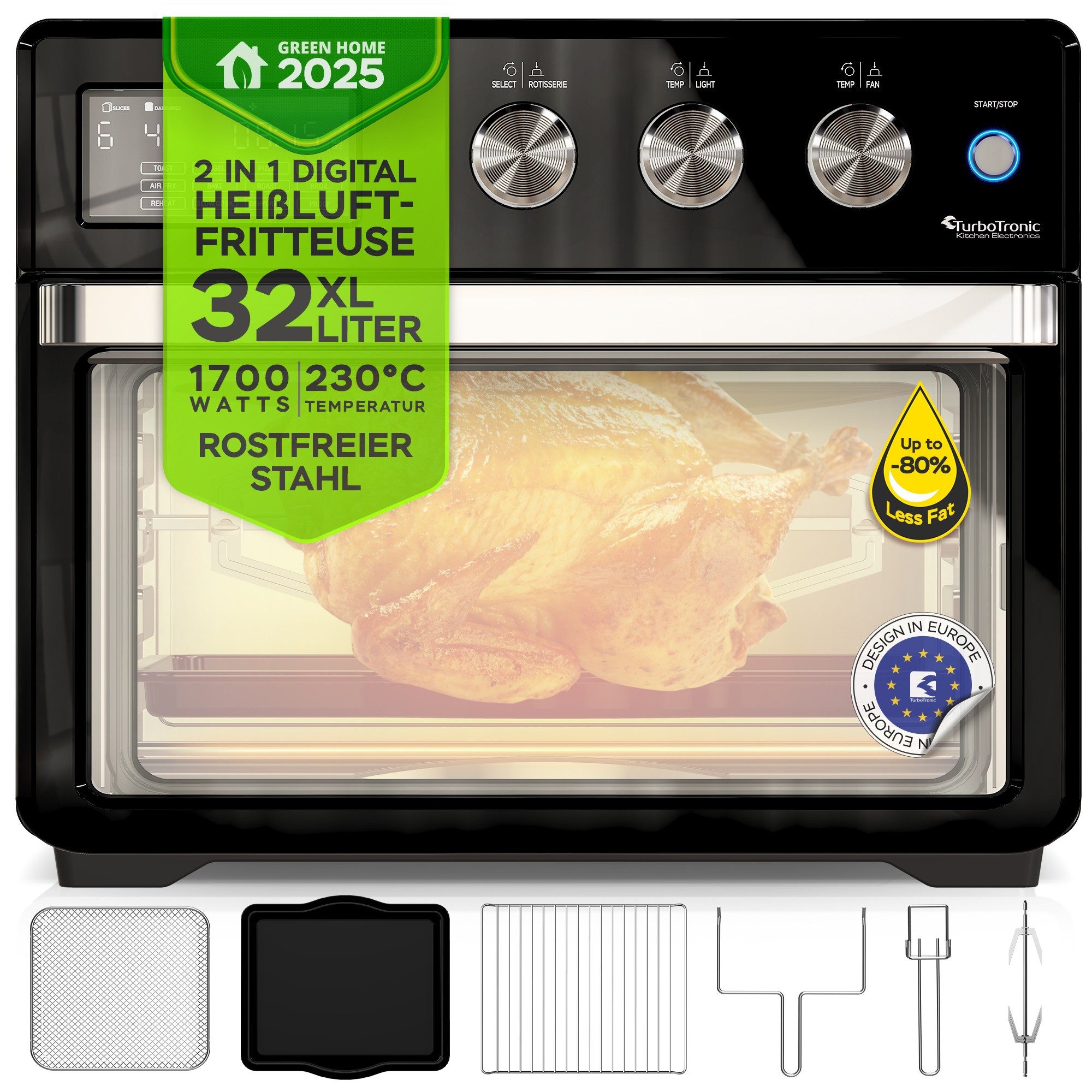 TurboTronic by Z-Line Minibackofen 1700 W 32 l Mini Backofen mit Airfryer Umluft Drehspieß Pizzaofen, Tischbackofen, kleiner Backofen, Heißluftfritteuse, Toaster, Dörrer
