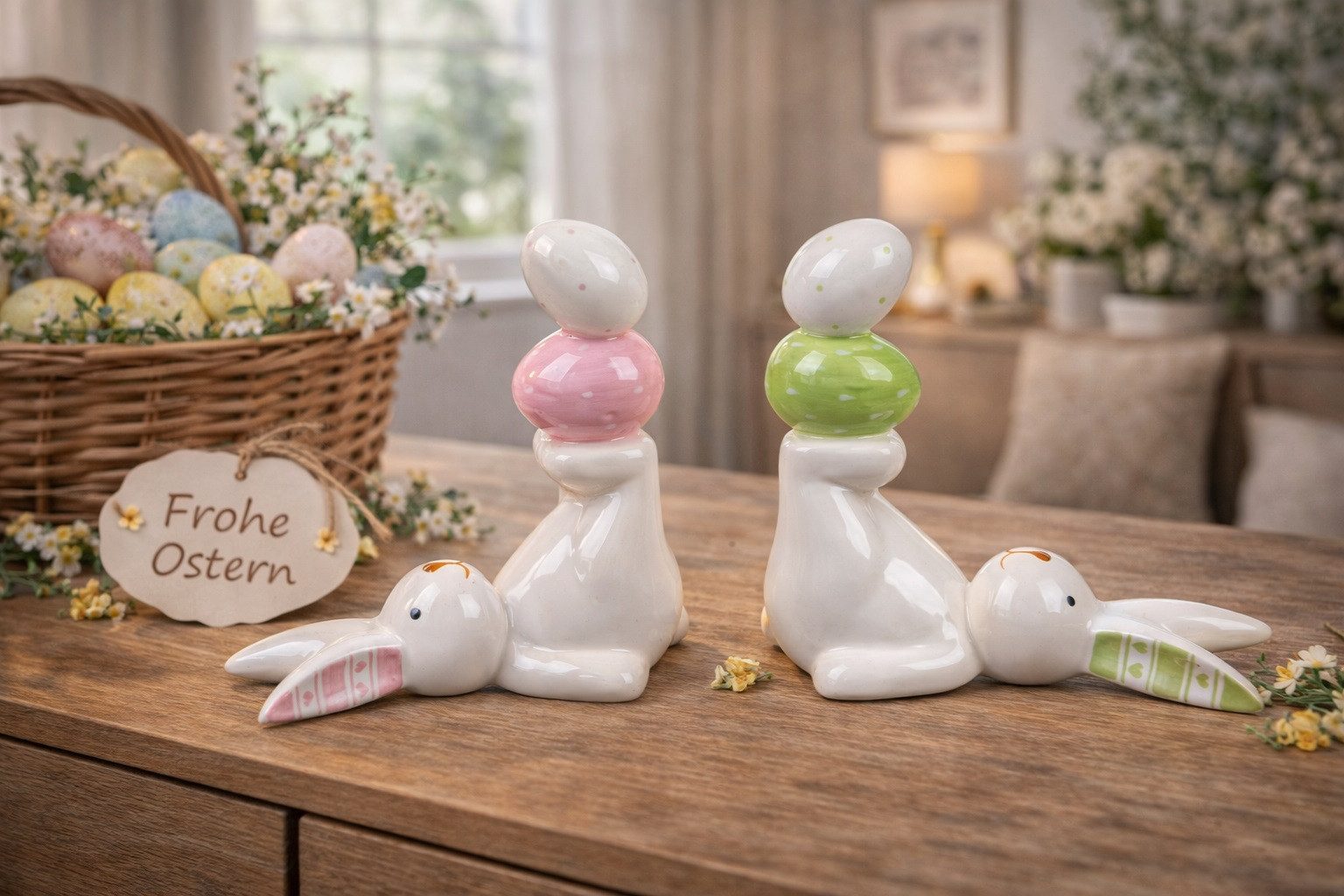 formano Osterhase 2er Set Osterhasen liegend 8 x 13 cm – Steingut weiß glasiert