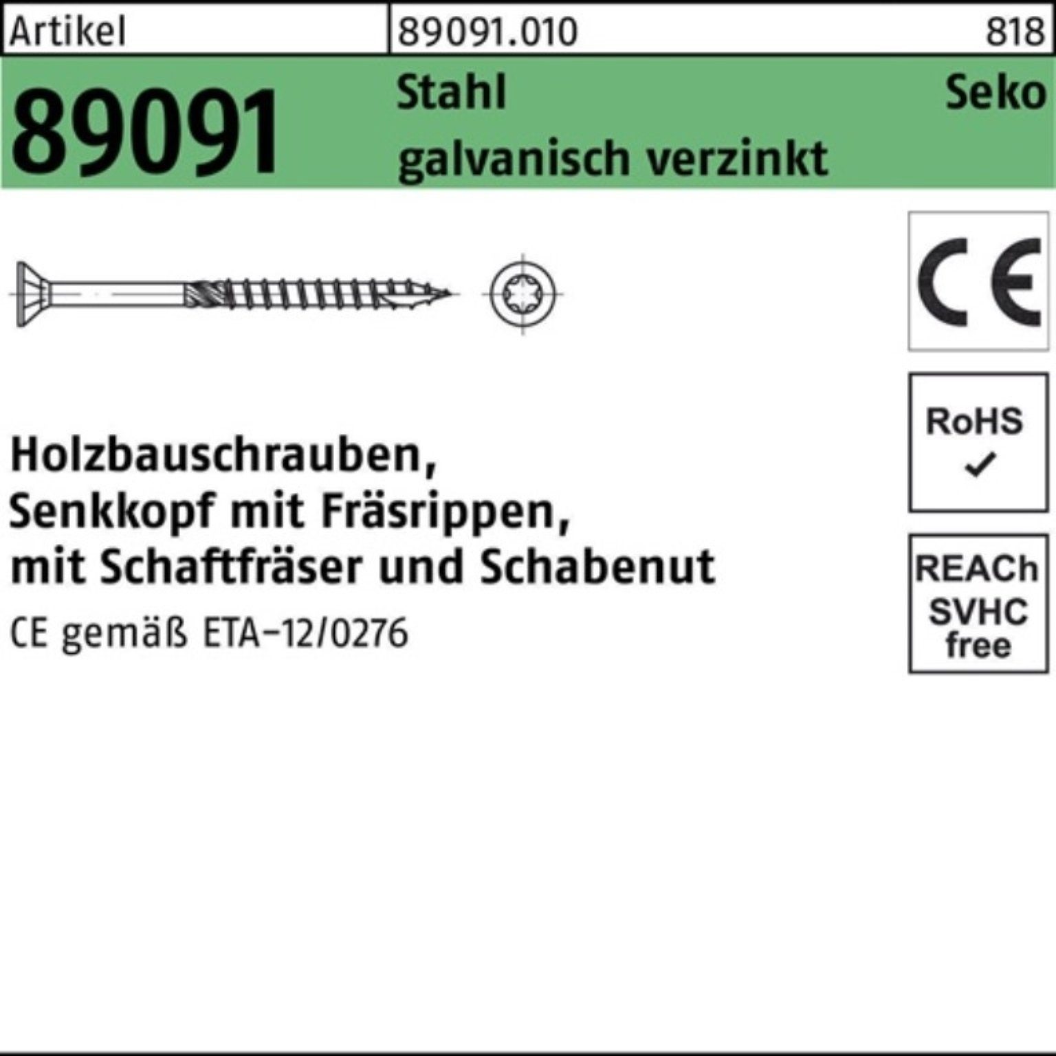 Reyher Holzbauschraube 100er Pack Holzbauschraube R 89091 SEKO ISR 8x70-T40 Stahl galv.verz.