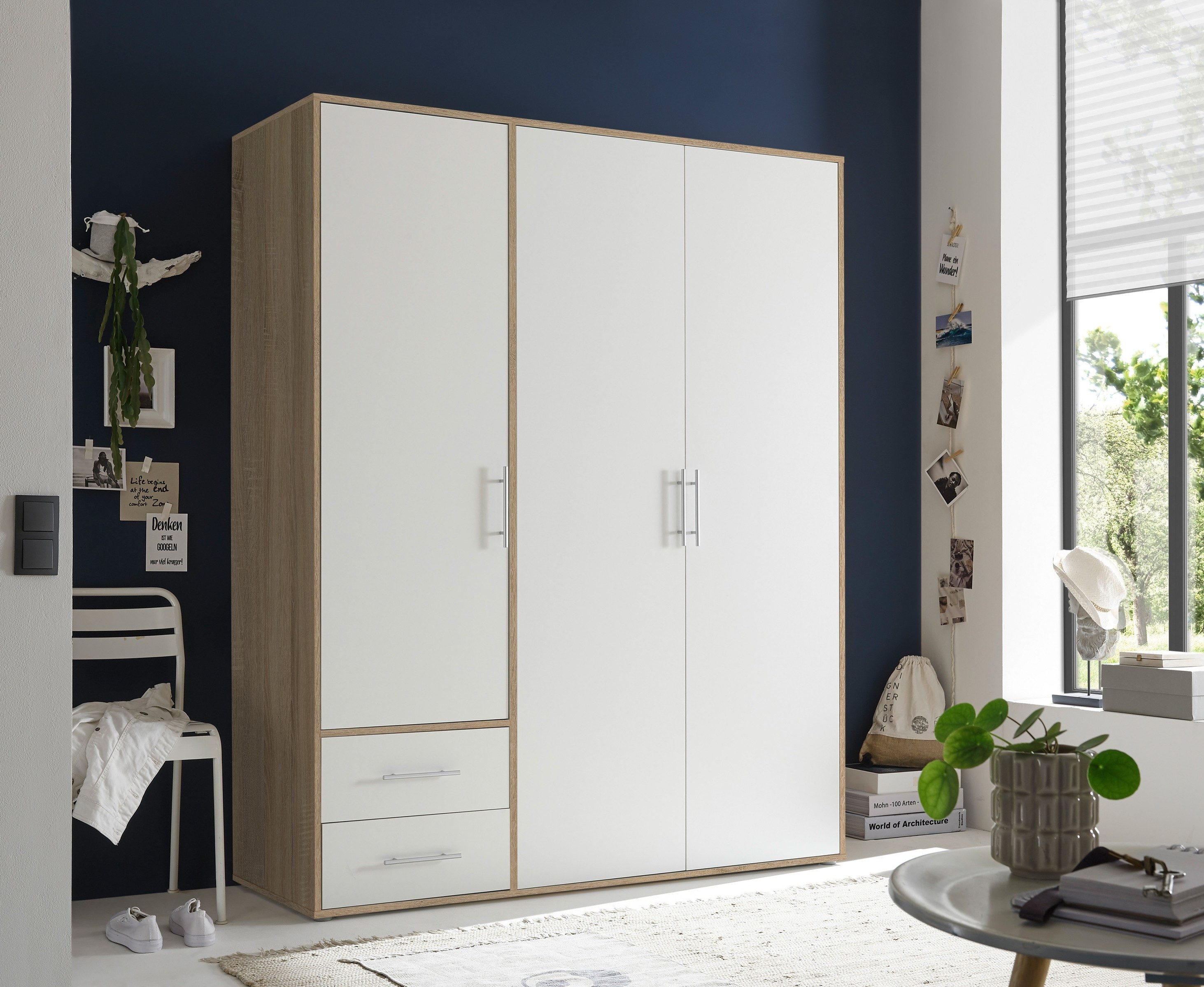 Pol-Power Kleiderschrank in Sonoma Eiche / Weiß mit 2 Schubladen und 3 Türen (BxHxT: 155x195x60 cm)