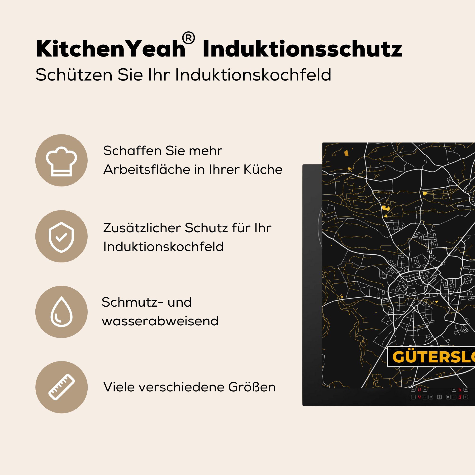Stadtplan küche MuchoWow Deutschland (1 Ceranfeldabdeckung, Gütersloh - - Herdblende-/Abdeckplatte Arbeitsplatte für - 78x78 tlg), Vinyl, cm, Karte Gold, -
