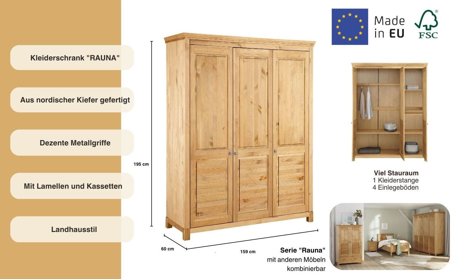 OTTO home Kleiderschrank Rauna, mit Lamellen und Kassetten, klassischer Landhausstil, rustikal (2 Breiten: 113/159 cm H/T ca. 195/60 cm) massive Kiefer, Metallgriffe, mehrere Varianten, zeitloses Design