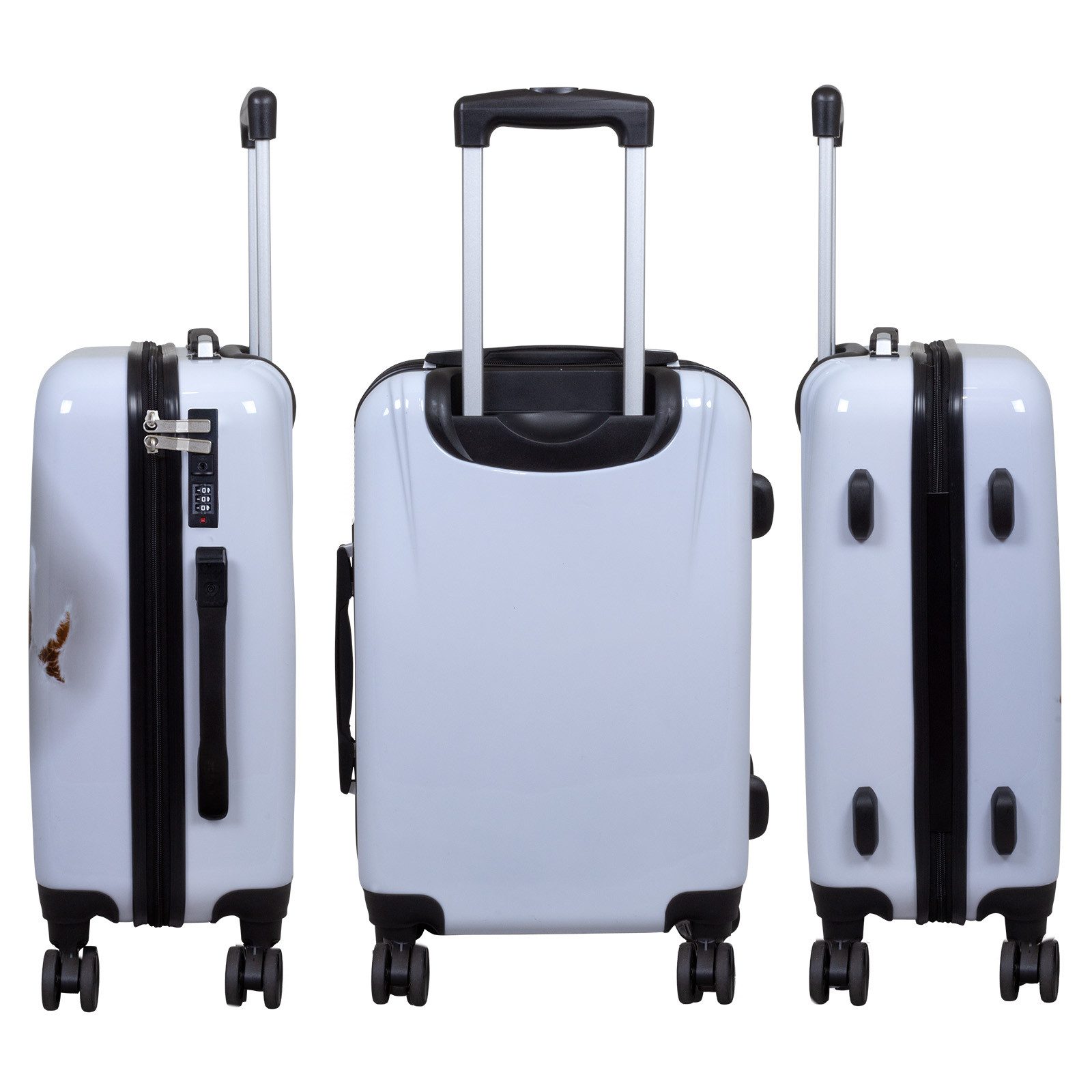 Trendyshop365 Hartschalen-Trolley Motivkoffer weiß mit Katze - Hartschalenkoffer - Doppelrollen, Zahlenschloss, Polycarbonat, Dehnfalte, Tiermotiv