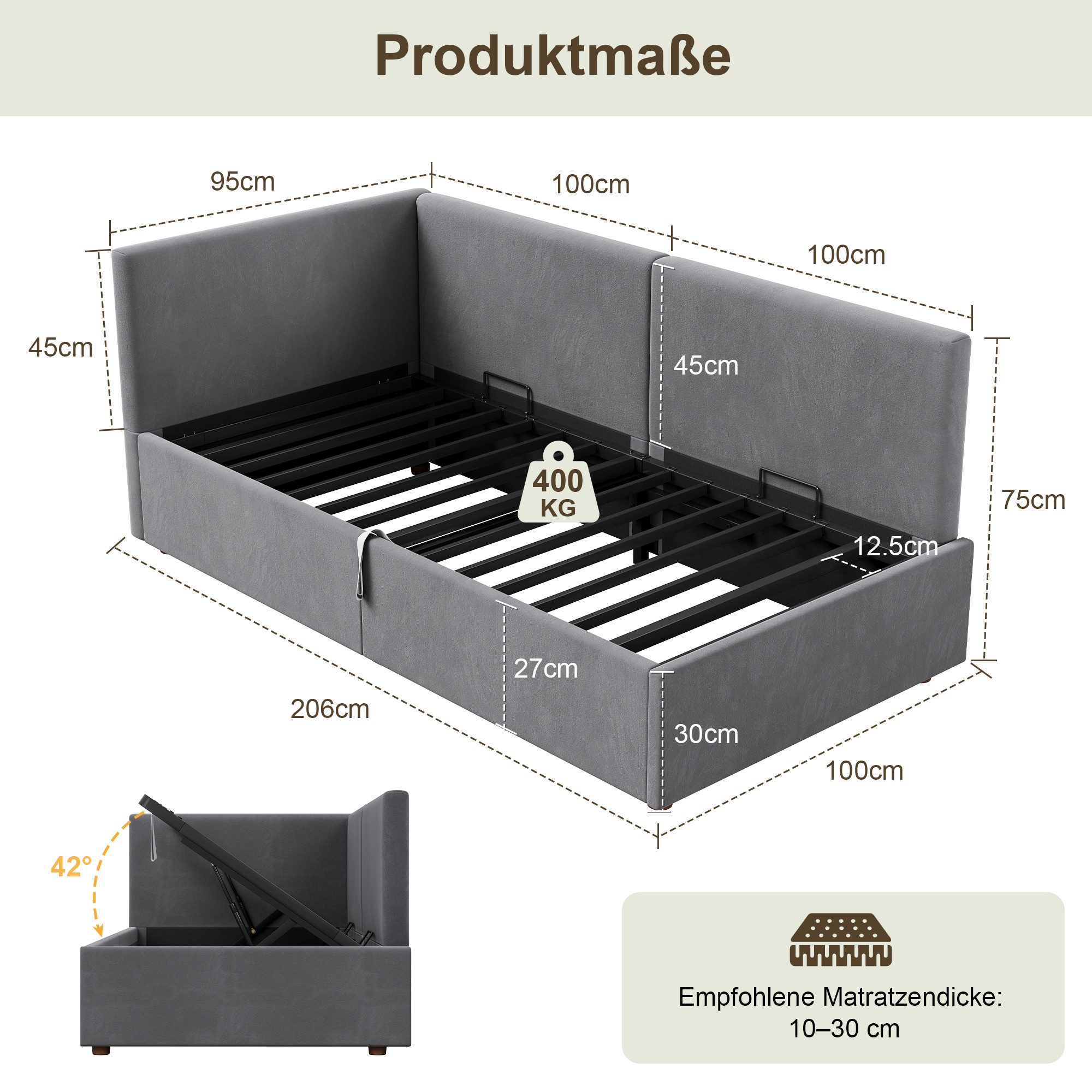 AMERLIFE Daybett mit 2-in-1 Funktion, Gasfeder-Bettkasten & Samtbezug in Cremeweiß (1 tlg), Praktisches 2-in-1 Design
