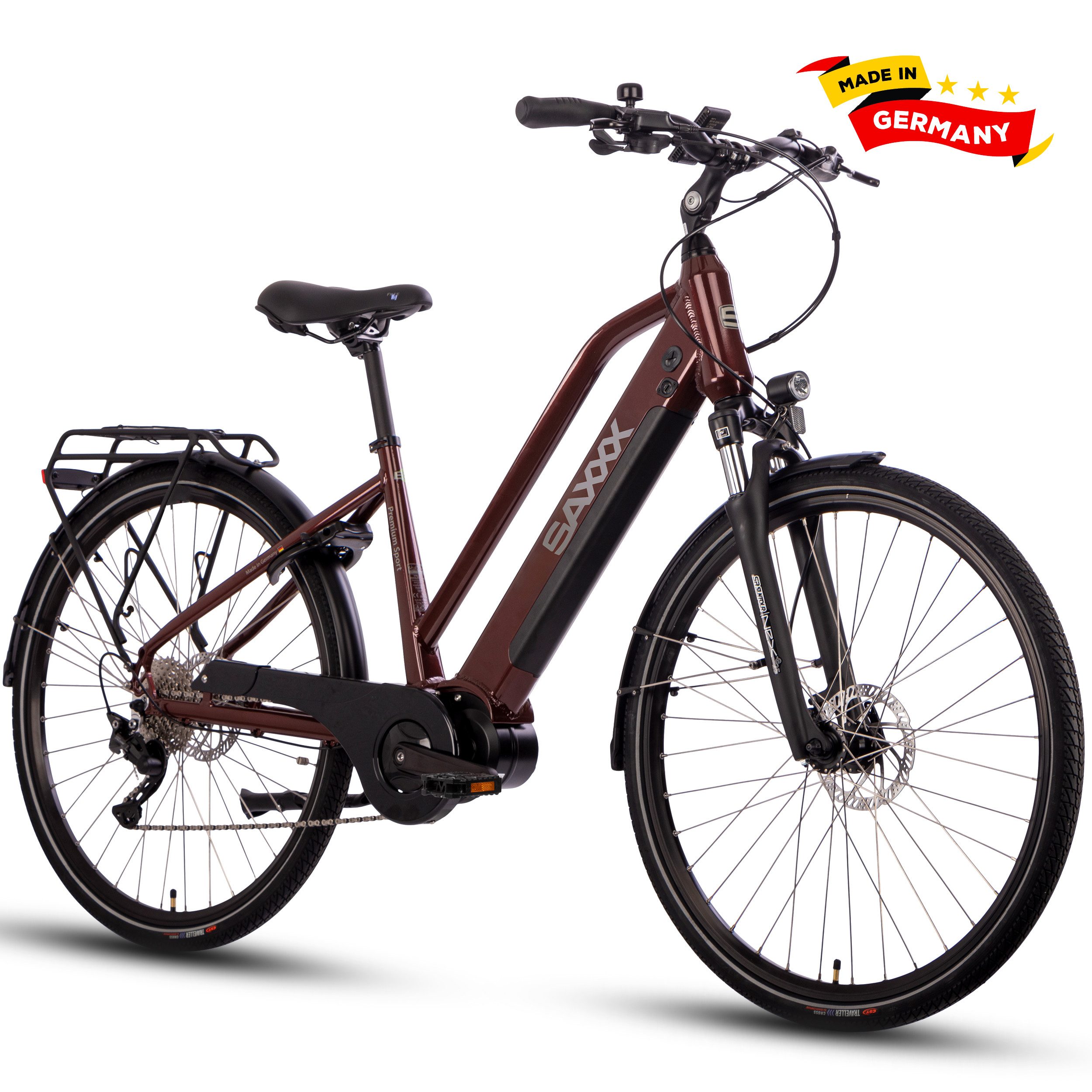 SAXXX E-Bike Trekkingrad 28x2'' für Damen u. Herren, SAXXX PST, 522Wh, 60-100km, 130kg, 10 Gang SHIMANO Deore Schaltwerk, Kettenschaltung, Mittelmotor, 522 Wh, (mit abnehmbarem Akku, mit Schloss, vormontiert zu 95), 25km/h, Pedelec, E-Cityrad, hydr. Scheibenbremsen