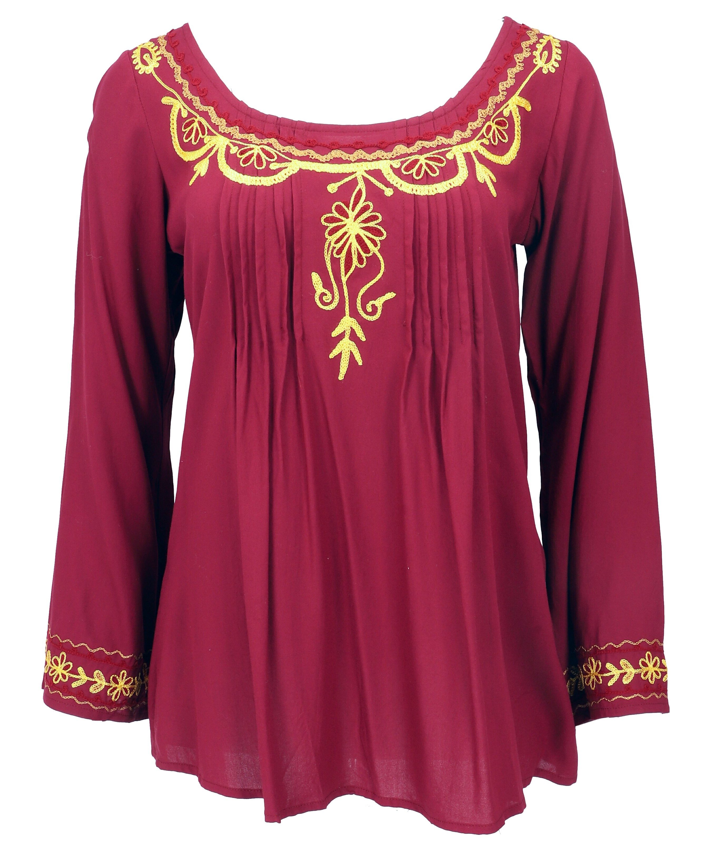 Longbluse Bestickte Elfenbluse, Boho Damenbluse - weinrot
