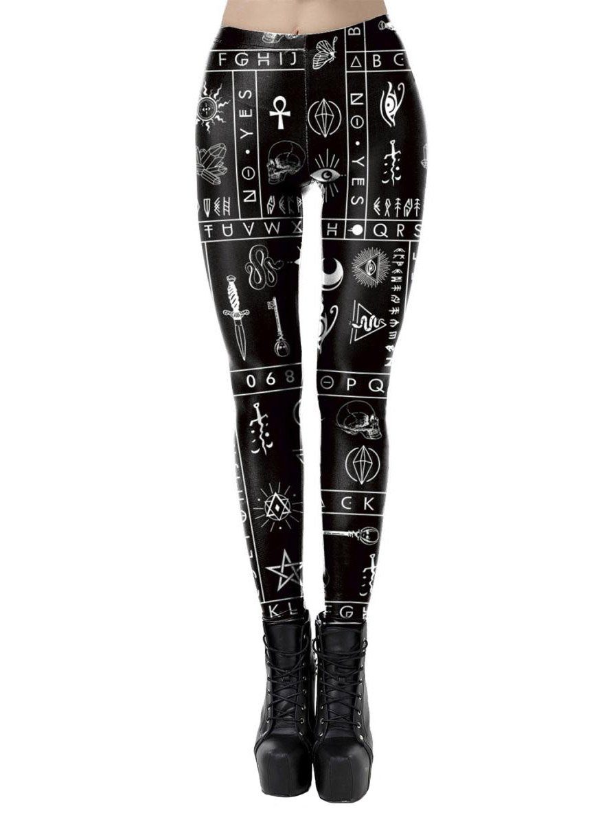 Metamorph Teufel-Kostüm Occult Print Leggings - für Halloween Kostüm Damen, Elastische Leggings mit satanistischen Symbolen