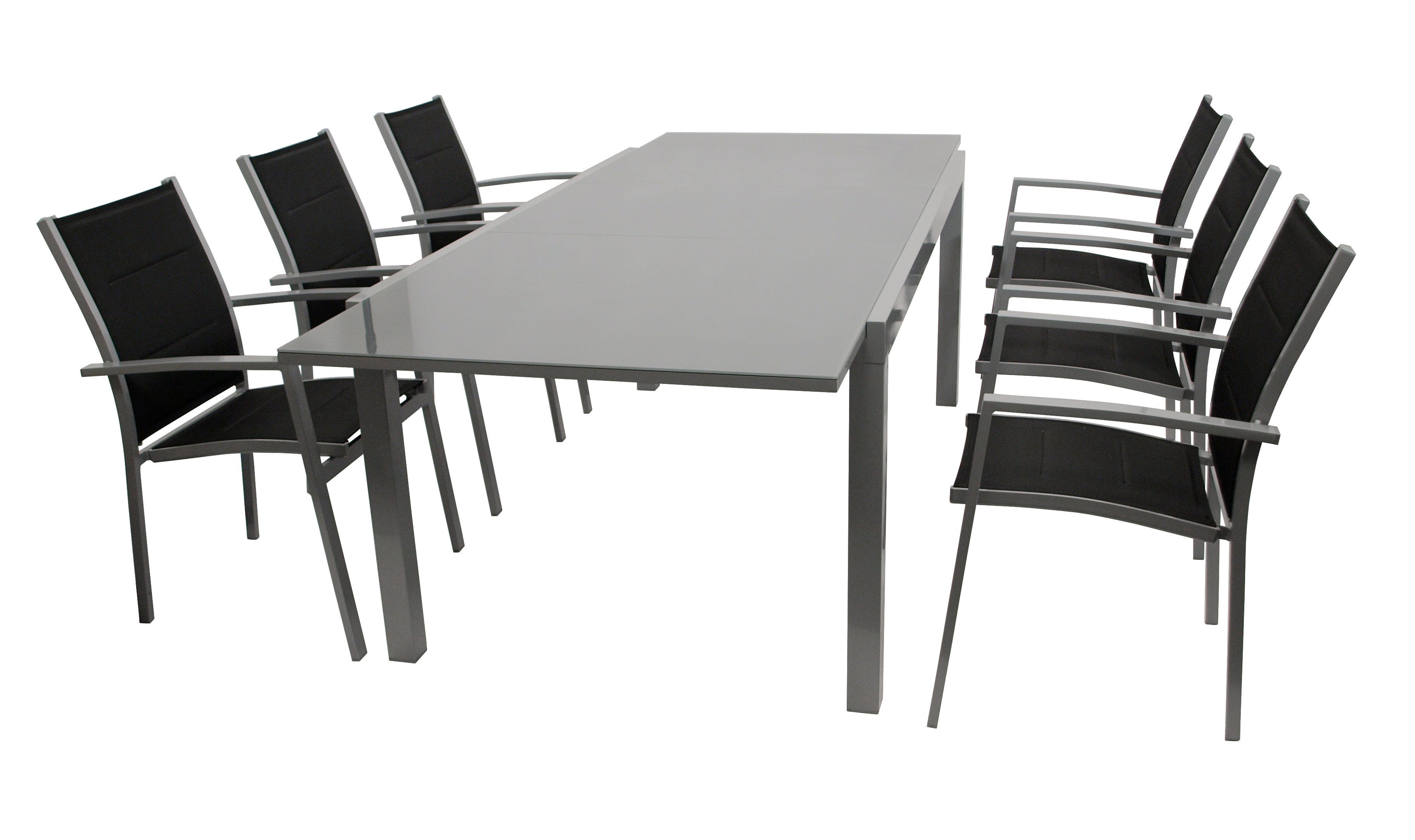 DEGAMO Garten-Essgruppe MARINA, (7-tlg), 6x Sessel grau/schwarz, 1x Ausziehtisch Glasplatte dunkelgrau