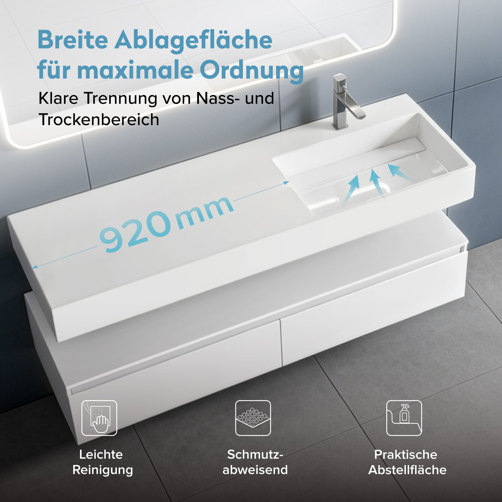 doporro Badmöbel-Set Waschtisch mit Unterschrank Soft-Close 150cm Holzbeschichutng UP, mit Waschbecken aus Mineralguss, E1-Platte