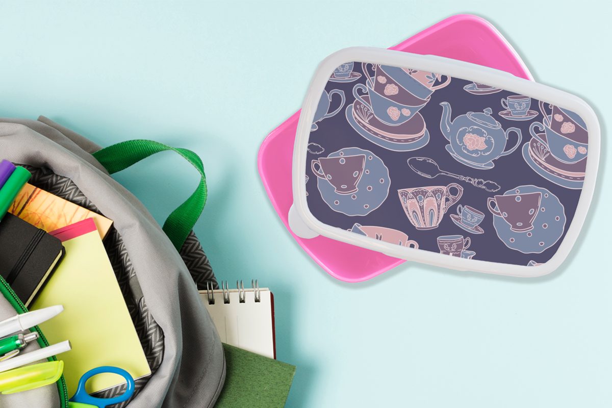 MuchoWow Lunchbox Mädchen, für Erwachsene, Teekanne, (2-tlg), - Muster Tasse Kinder, rosa Kunststoff Tee Brotdose Kunststoff, - - Brotbox Snackbox