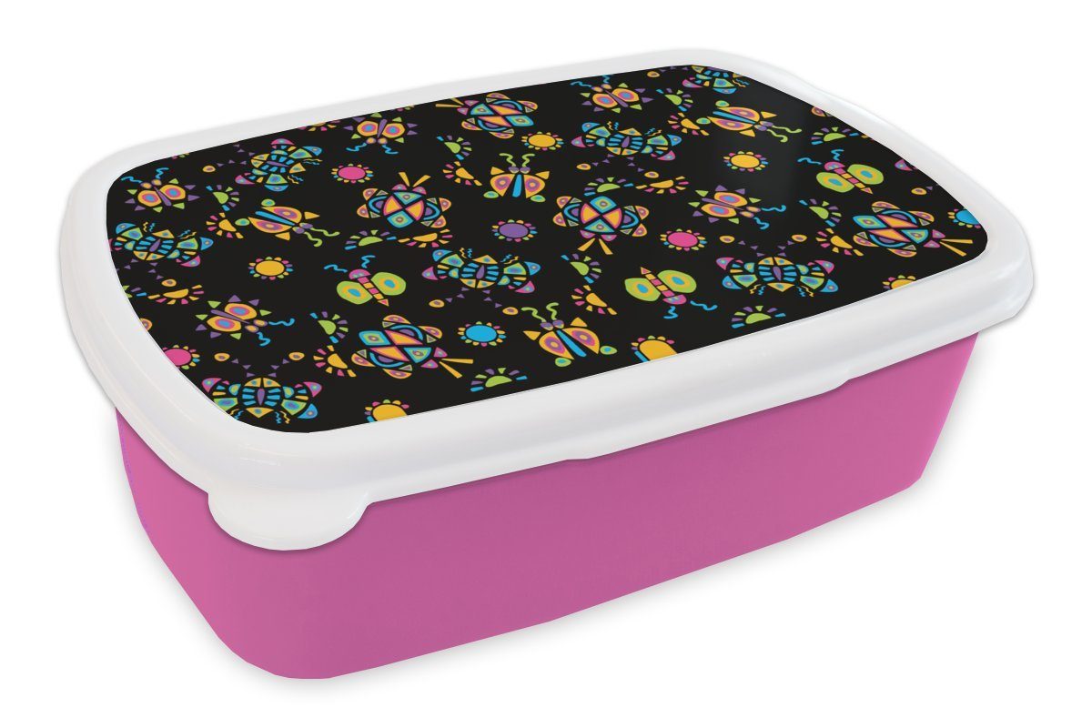 MuchoWow Lunchbox Schmetterling - Muster - Insekten, Kunststoff, (2-tlg), Brotbox für Erwachsene, Brotdose Kinder, Snackbox, Mädchen, Kunststoff rosa