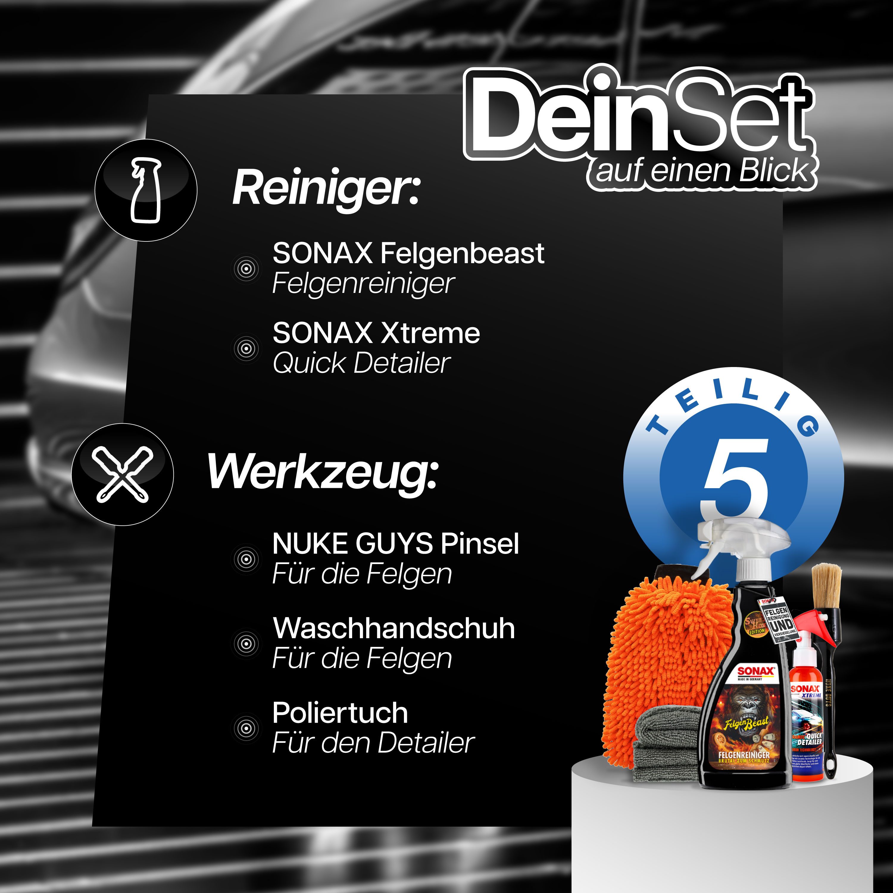 Thumbnail - Sonax Felgenreinigung & Versiegelung Set Felgenreiniger (Set, [5-St. Felgenreinigungs- und Versiegelungsset SONAX Felgen...