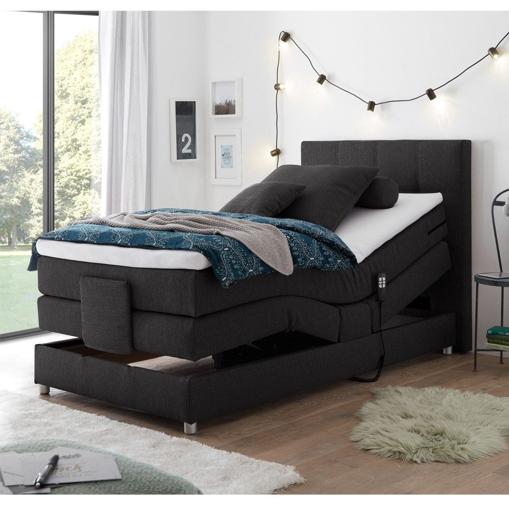 Lomadox Boxspringbett MANAUS-09, in anthrazit, Härtegrad H2, 120x200cm, elektrisch verstellbar