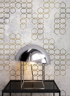 Newroom Vliestapete, Grau Tapete Leicht Glänzend Modern - Mustertapete Metalic Gold Hexagon Grafisch für Schlafzimmer Wohnzimmer Küche