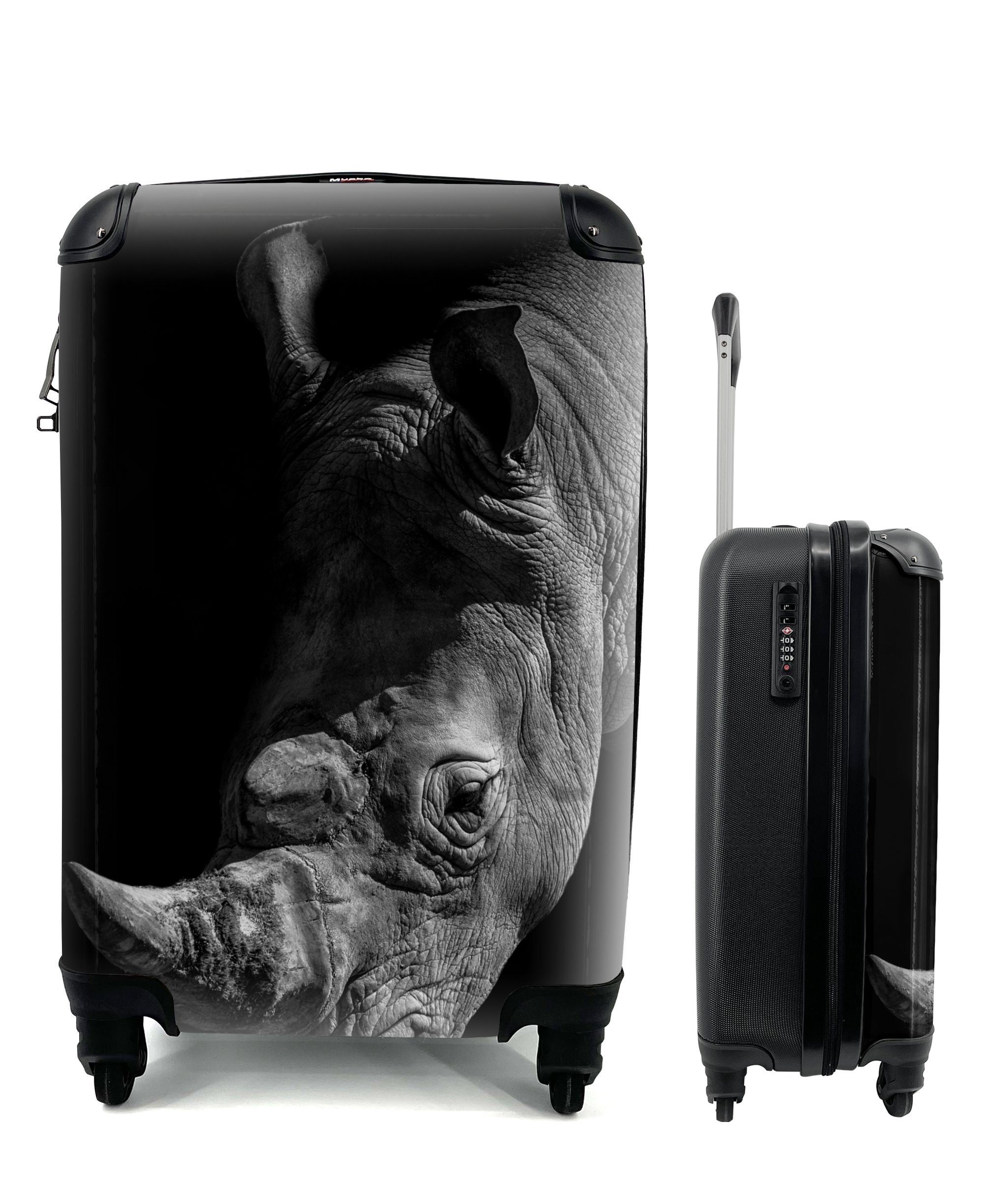 Top-Verkaufskonzept MuchoWow Handgepäckkoffer Nahaufnahme eines Nashorns 4 Trolley, Rollen, Reisekoffer schwarzem Reisetasche Handgepäck Hintergrund, auf Ferien, rollen, mit für