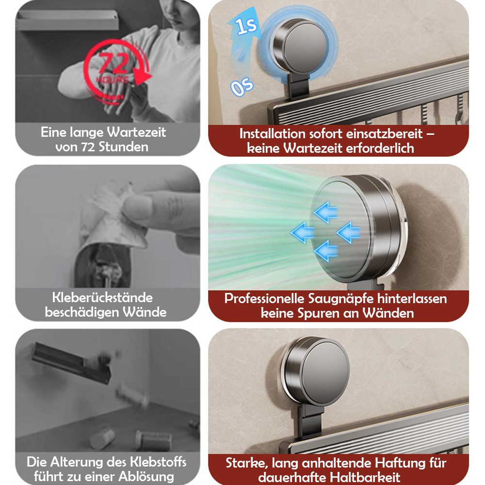 TUWENA Hakenleiste Hakenleiste Küche Ohne Bohren, 40cm Küchenregal mit Saugnapf, 8 Haken, Hohe Tragfähigkeit, Abnehmbare Küchenhaken für Badezimmer Schlafzimmer – Bild 5 von 5