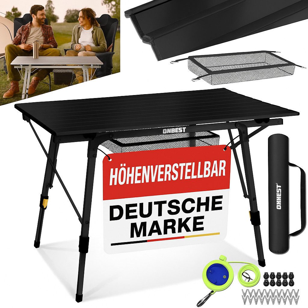 Onbest Klapptisch Norderney mit Wäscheleine 20x Wäscheklammern Netztasche, Tragetasche, höhenverstellbar, Wetterfest, Aufrollbar