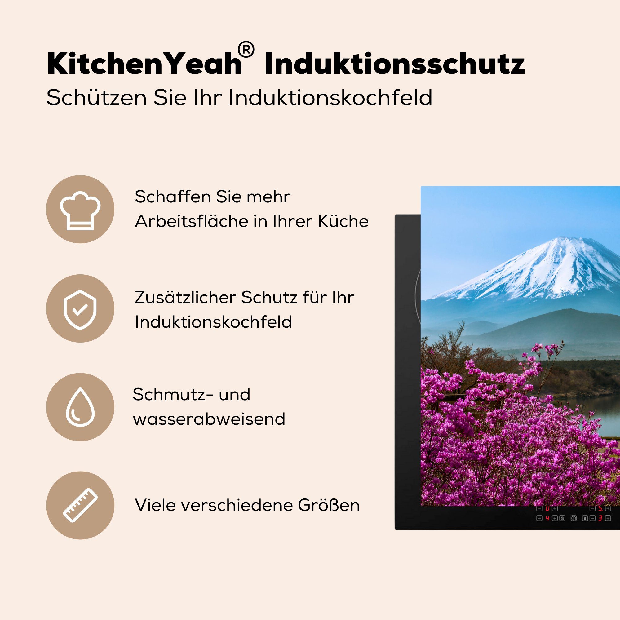 die Fuji Induktionskochfeld 81x52 Schutz Foto cm, (1 Vinyl, vom Asien, MuchoWow Ceranfeldabdeckung Berg in tlg), Farbenfrohes küche, Herdblende-/Abdeckplatte für