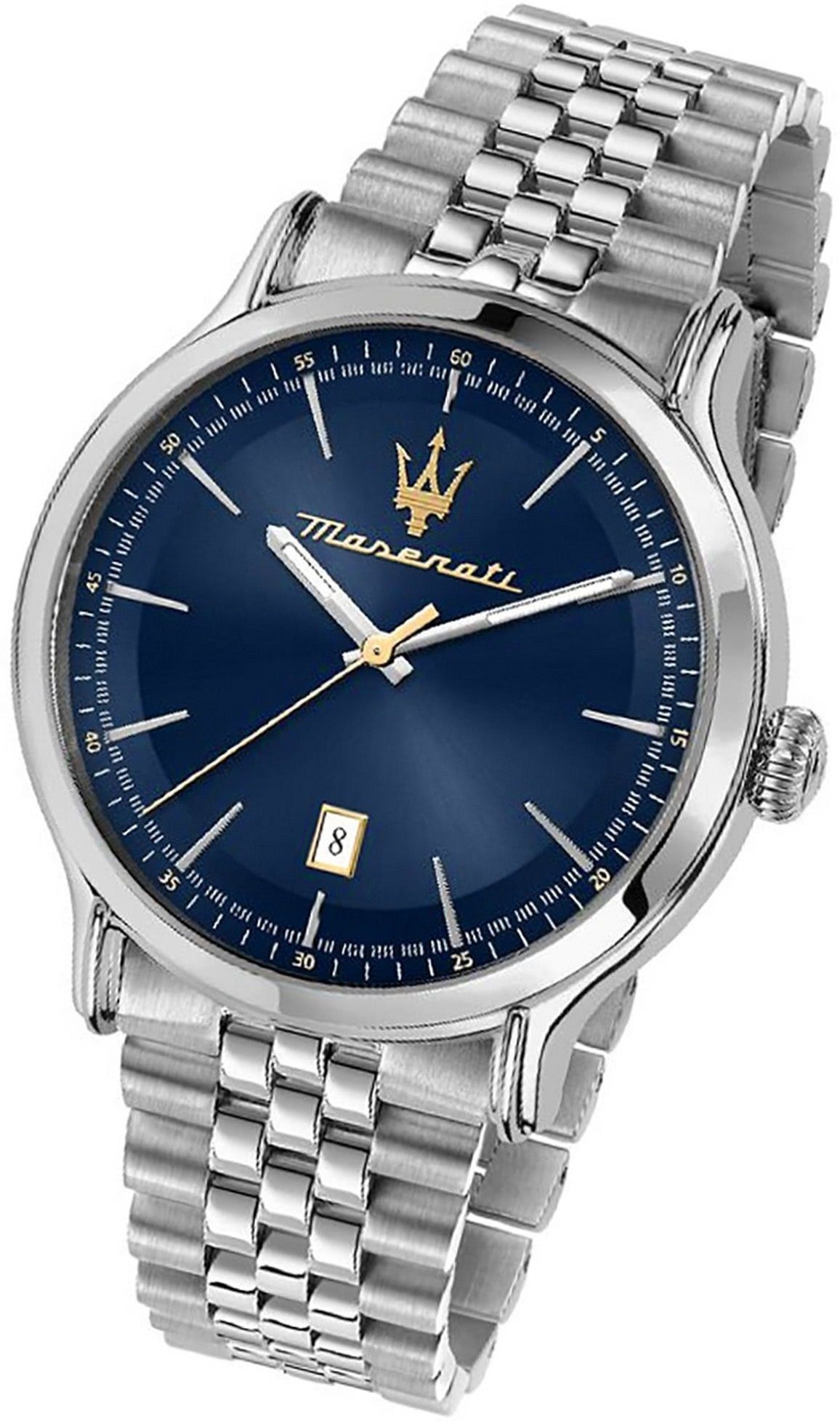 MASERATI Quarzuhr Maserati Edelstahl Armband-Uhr, (Analoguhr), Herrenuhr Edelstahlarmband, rundes Gehäuse, groß (ca. 42mm) blau