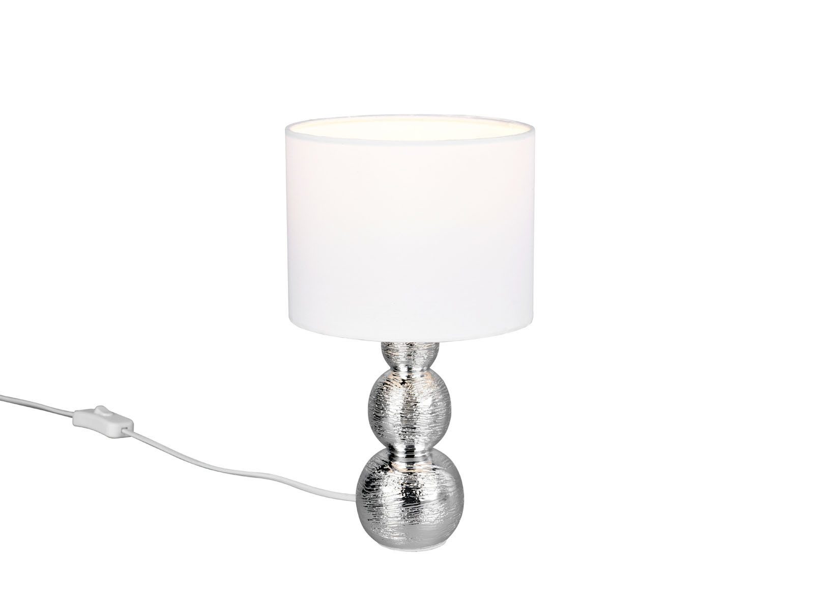 Reality Leuchten LED Nachttischlampe aus Keramik mit Stoffschirm Weiß H: 29cm, Dimmfunktion, LED wechselbar, warmweiß, Tischlampe Design-klassiker Lampenschirm Stoff & Lampenfuß Silber