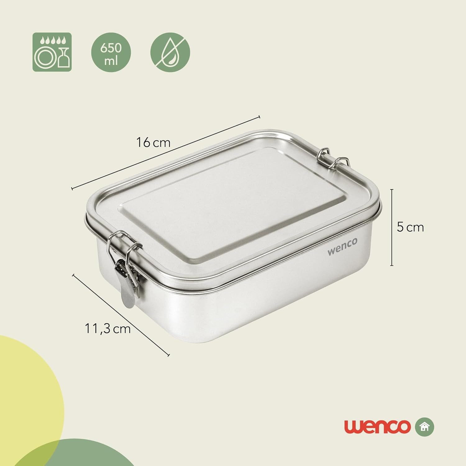 Wenco Lunchbox 650 ml, 2-fach unterteilt, Brotdose Edelstahl Auslaufsicher BPA frei, (1-tlg., 15 x 11,3 x 5 cm), Ideal als Bento- Dose für das Mittagessen oder Snacks