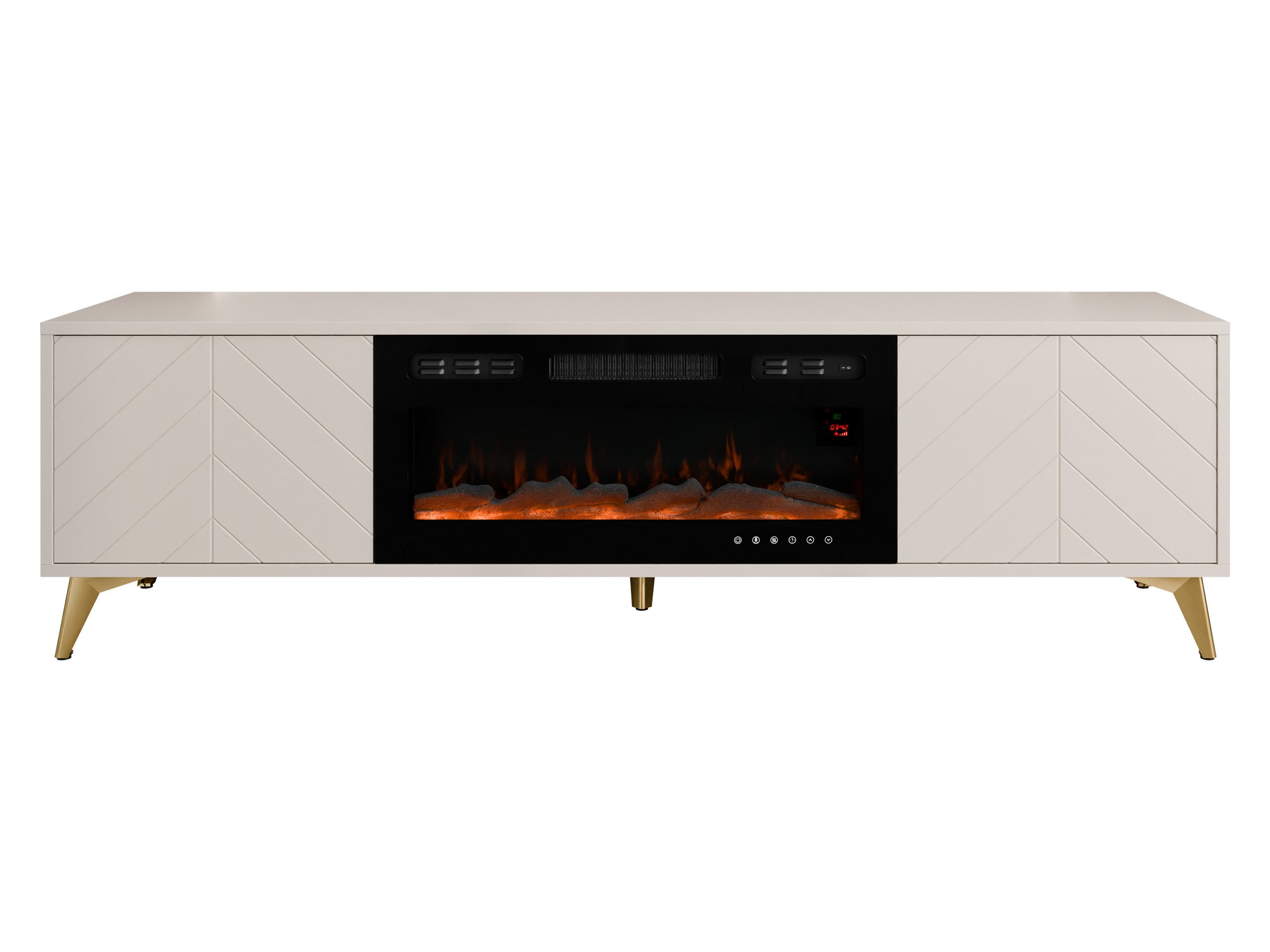 MIRJAN24 TV-Schrank Xylix 2D EF mit Elektrische Kamin (mit zwei Drehtüren) Realistische LED-Flamme, Füße aus Metall in der Farbe Gold – Bild 4 von 5