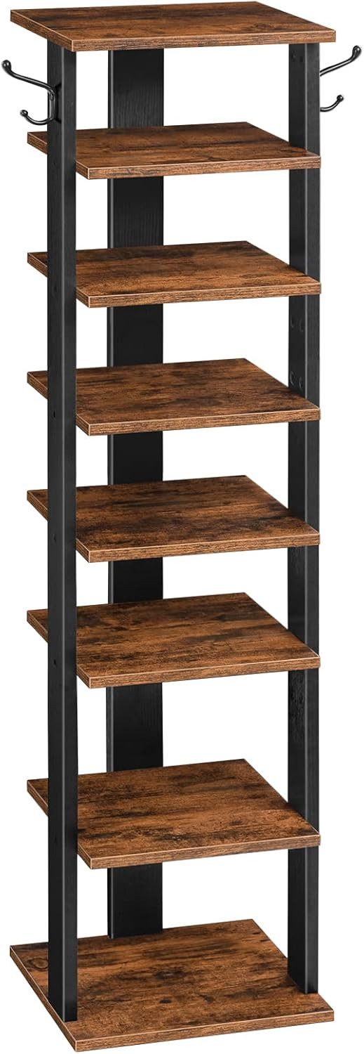 Hoobro Schuhregal, 8 Ebenen mit Haken, Schuhständer Holz-Metall für Flur, 28x28x113 cm
