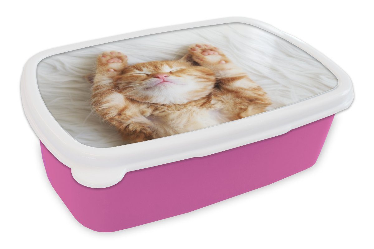 MuchoWow Lunchbox Katze - Rot - Haustiere - Kätzchen, Kunststoff, (2-tlg), Brotbox für Erwachsene, Brotdose Kinder, Snackbox, Mädchen, Kunststoff rosa