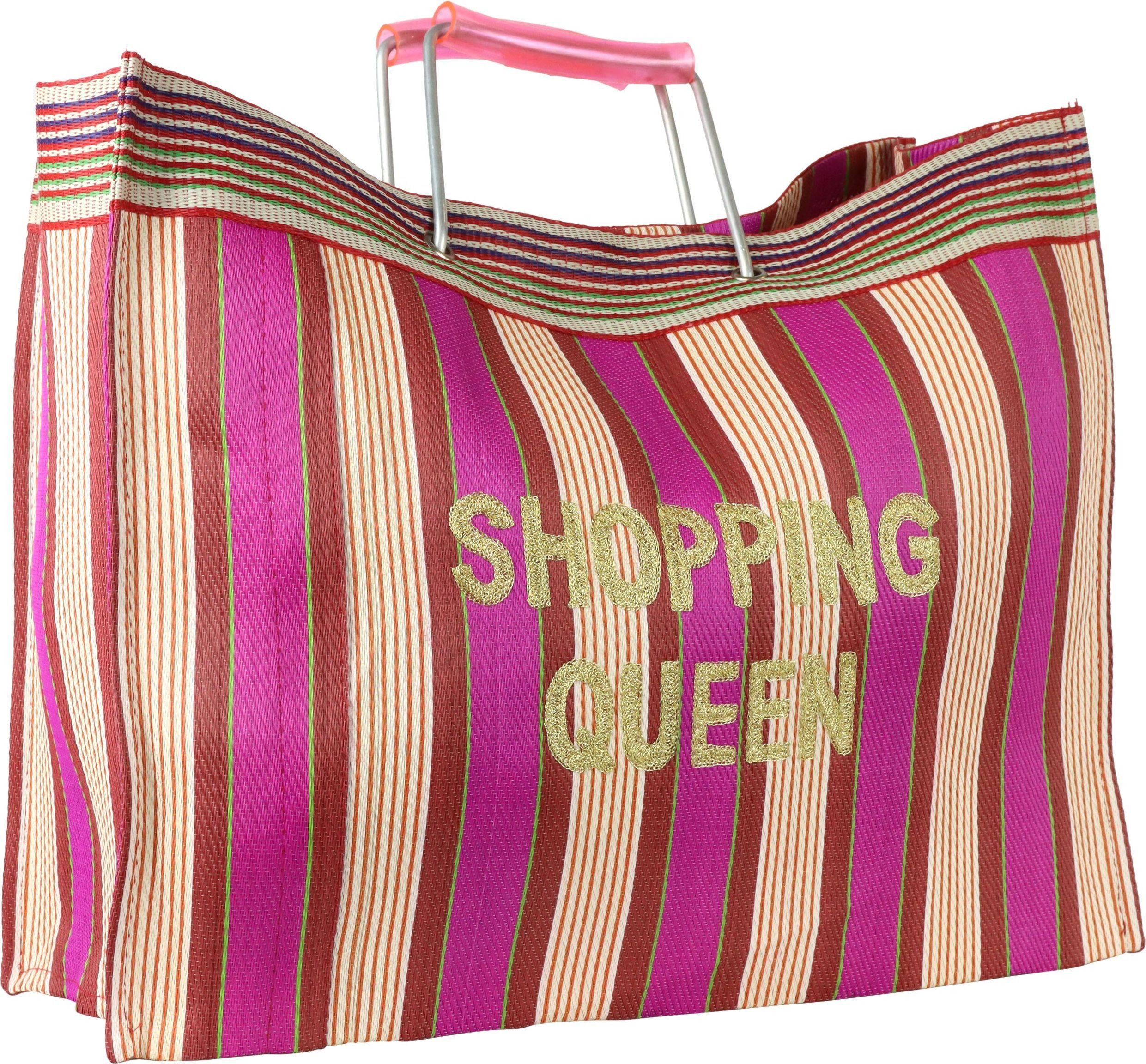 FURNARO Shopper, Einkaufstasche, Beschriftung Shopping Queen, Streifen 35x45x15 cm